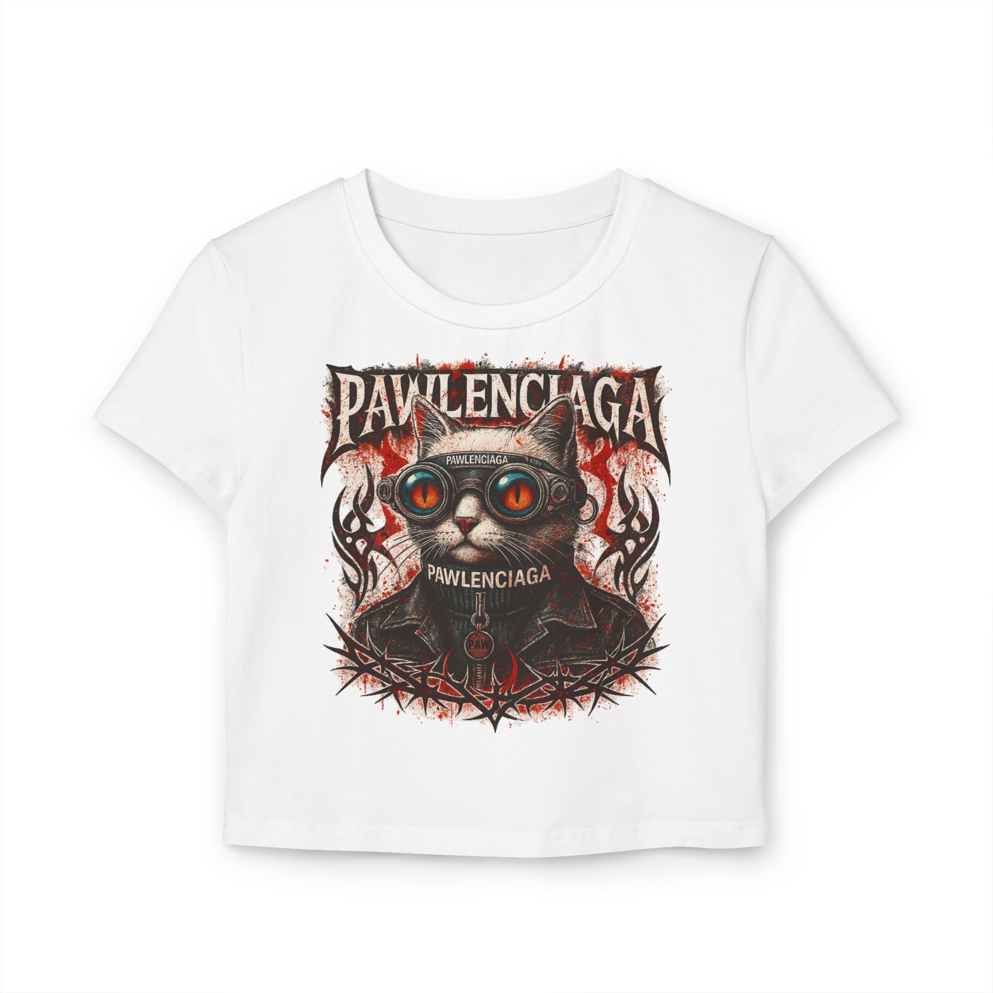 Pawlenciaga Apocalypse Cat Graphic Women's Baby Tee, white baby tee front view, cat on a shirt