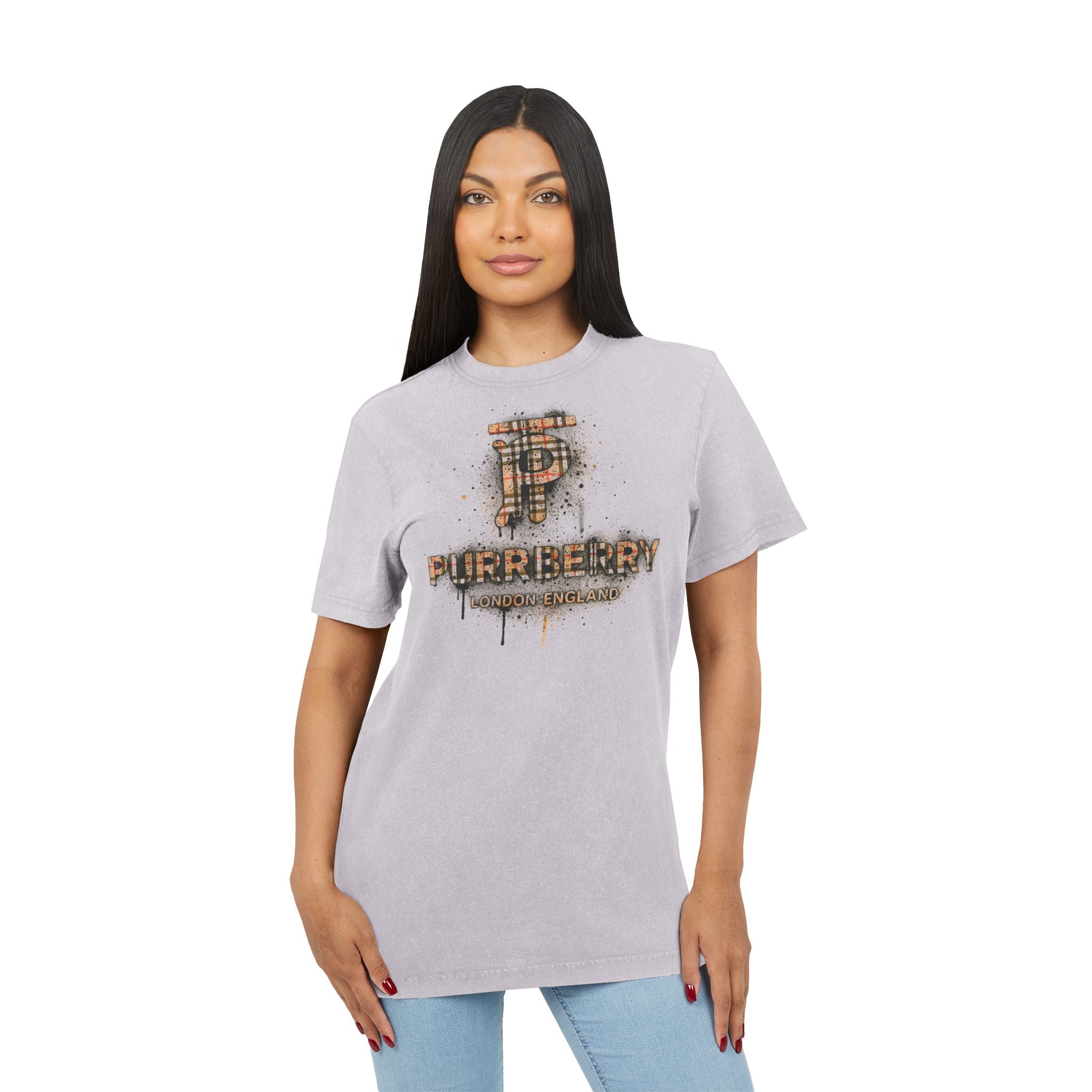 Female model wearing Purrberry London Spray Crest Soft Lilac Cat Graphic T Shirt, cool cat shirts for men and women