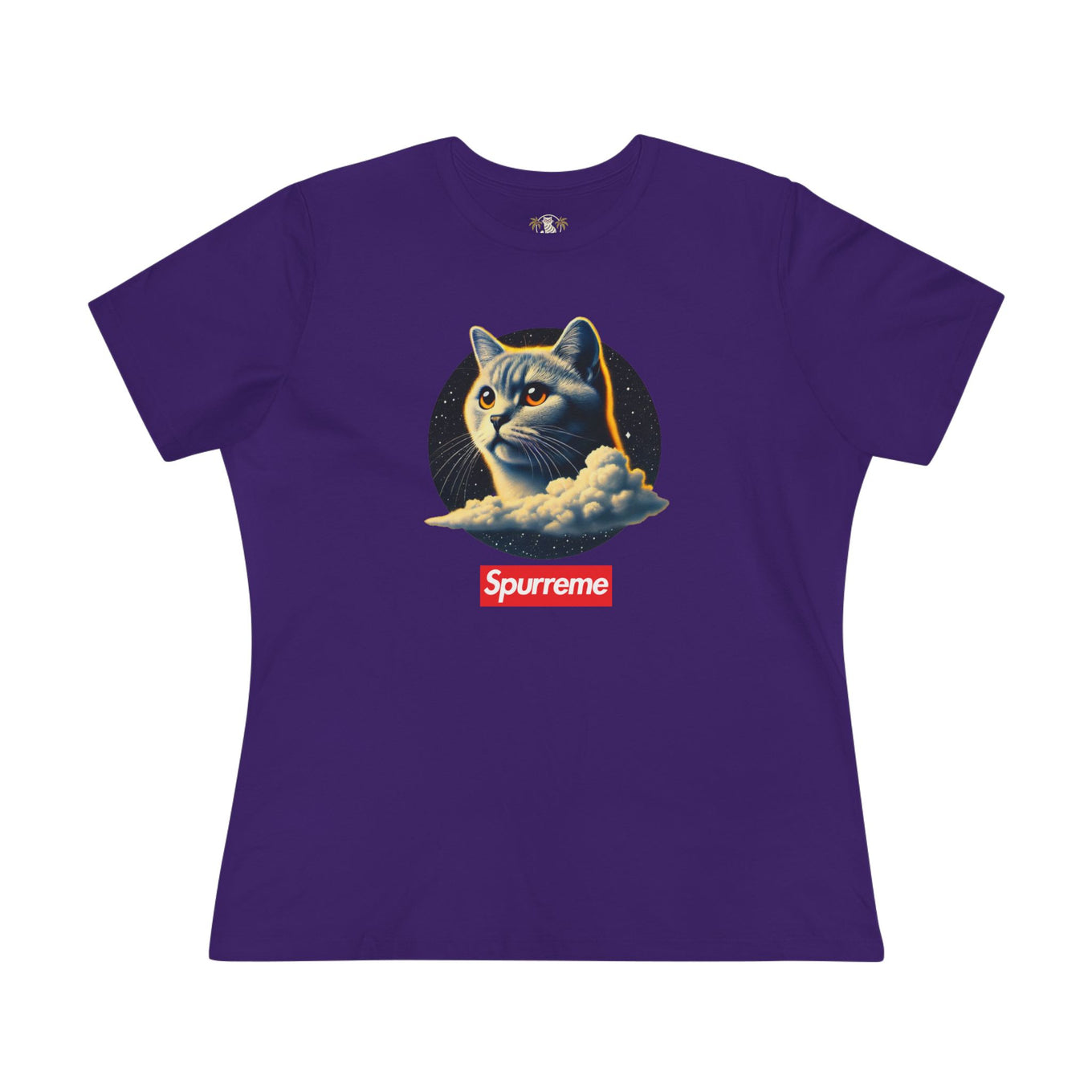 Spurreme Cosmic Cloud Cat Graphic Women's T Shirt in Team Purple, t shirts with cats