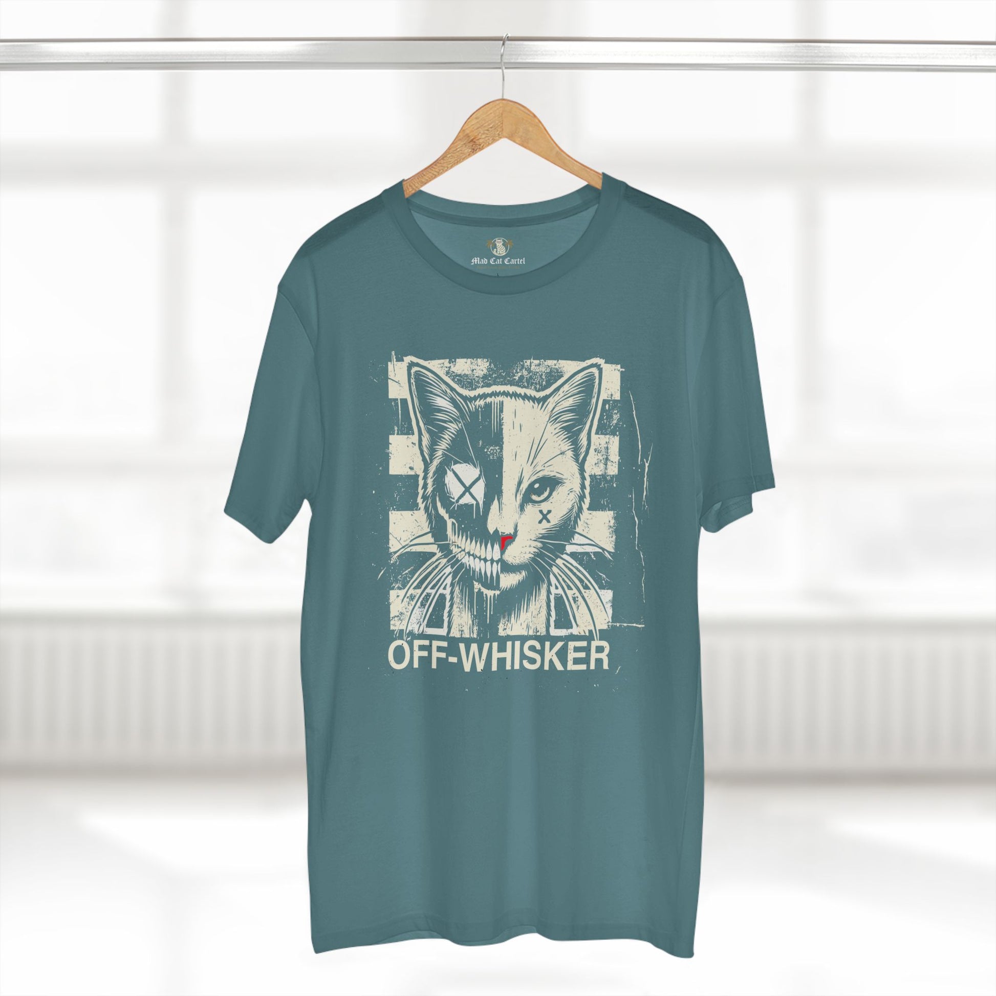 Light blue Off-Whisker Split Face cat lover t shirt on hanger β graphic cat face t shirt for casual wear