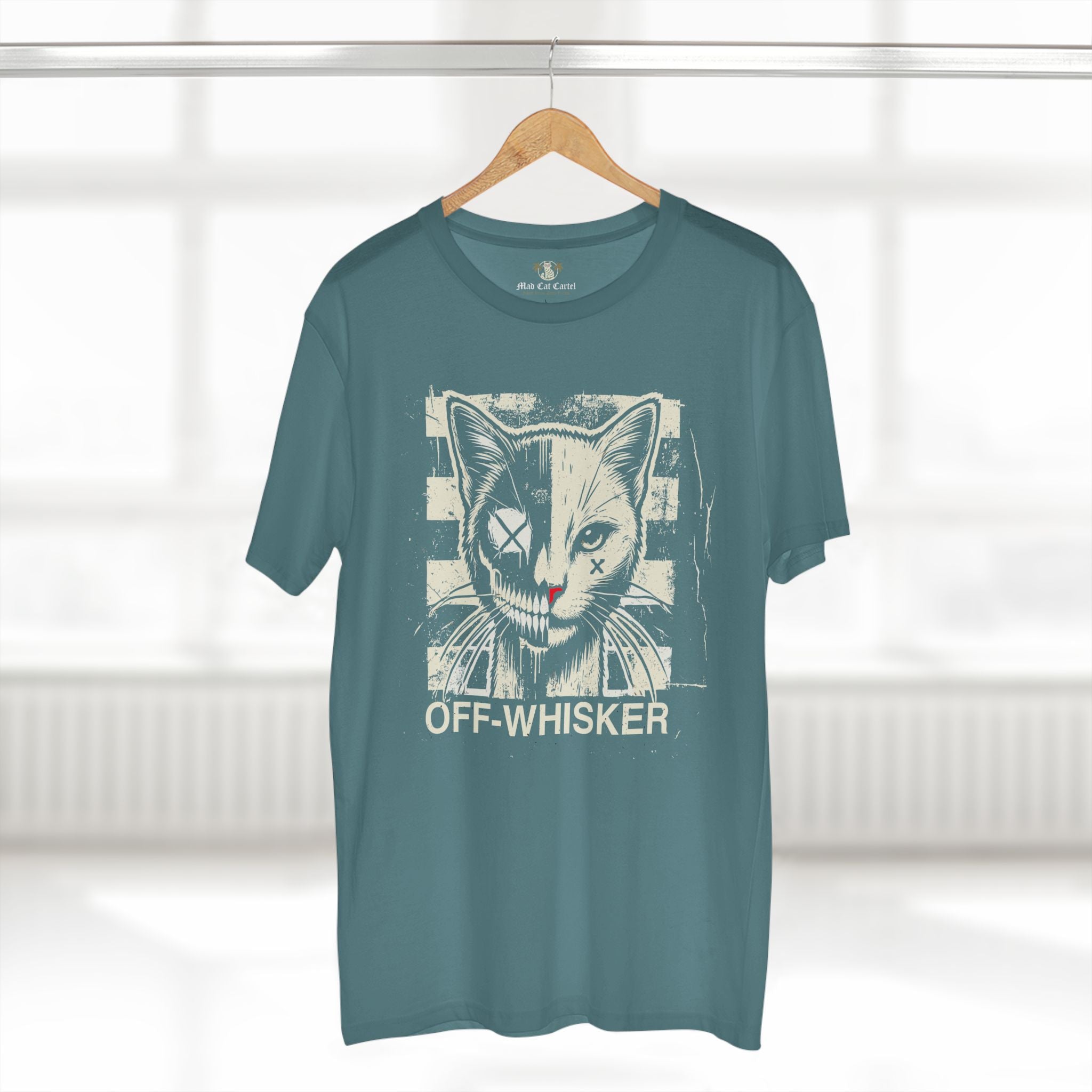 Light blue Off-Whisker Split Face cat lover t shirt on hanger β graphic cat face t shirt for casual wear