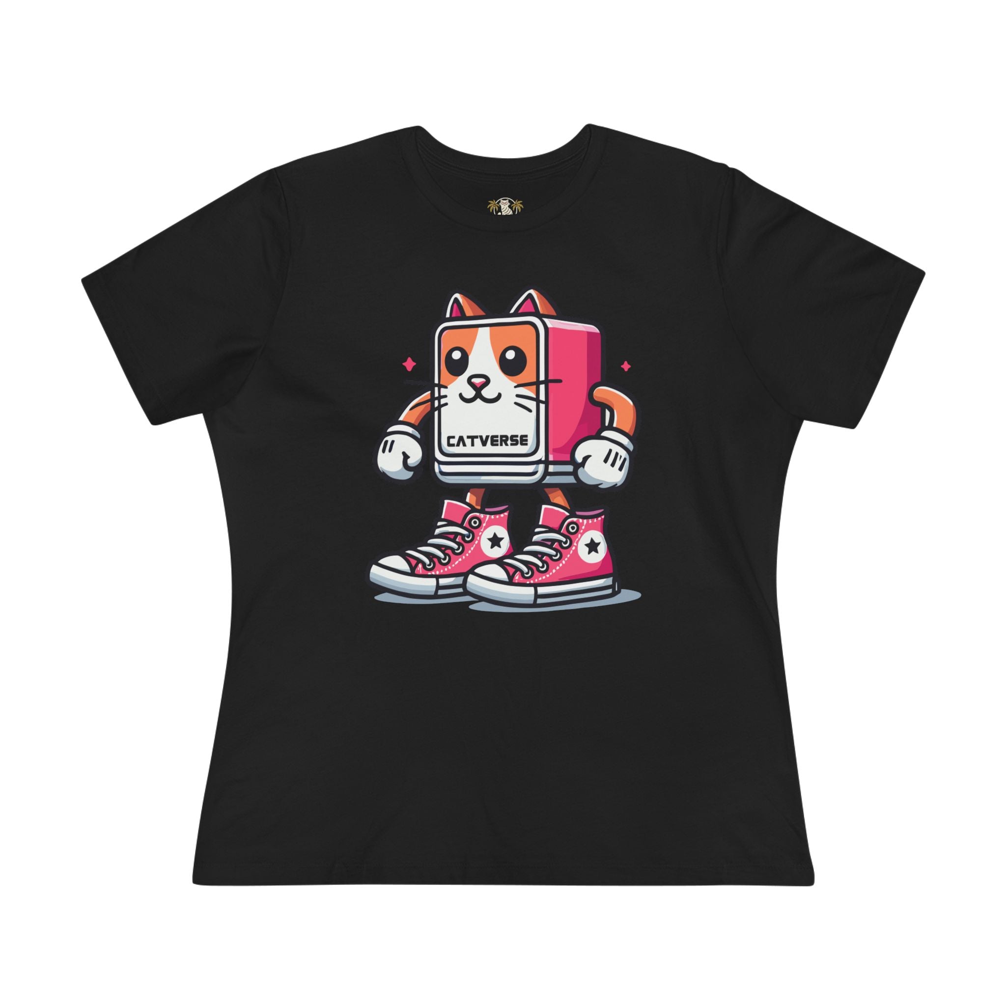 Catverse Pinkbot Funny Graphic Women’s T-Shirt in black flat lay front view, womens cat tee, cat lover t shirt