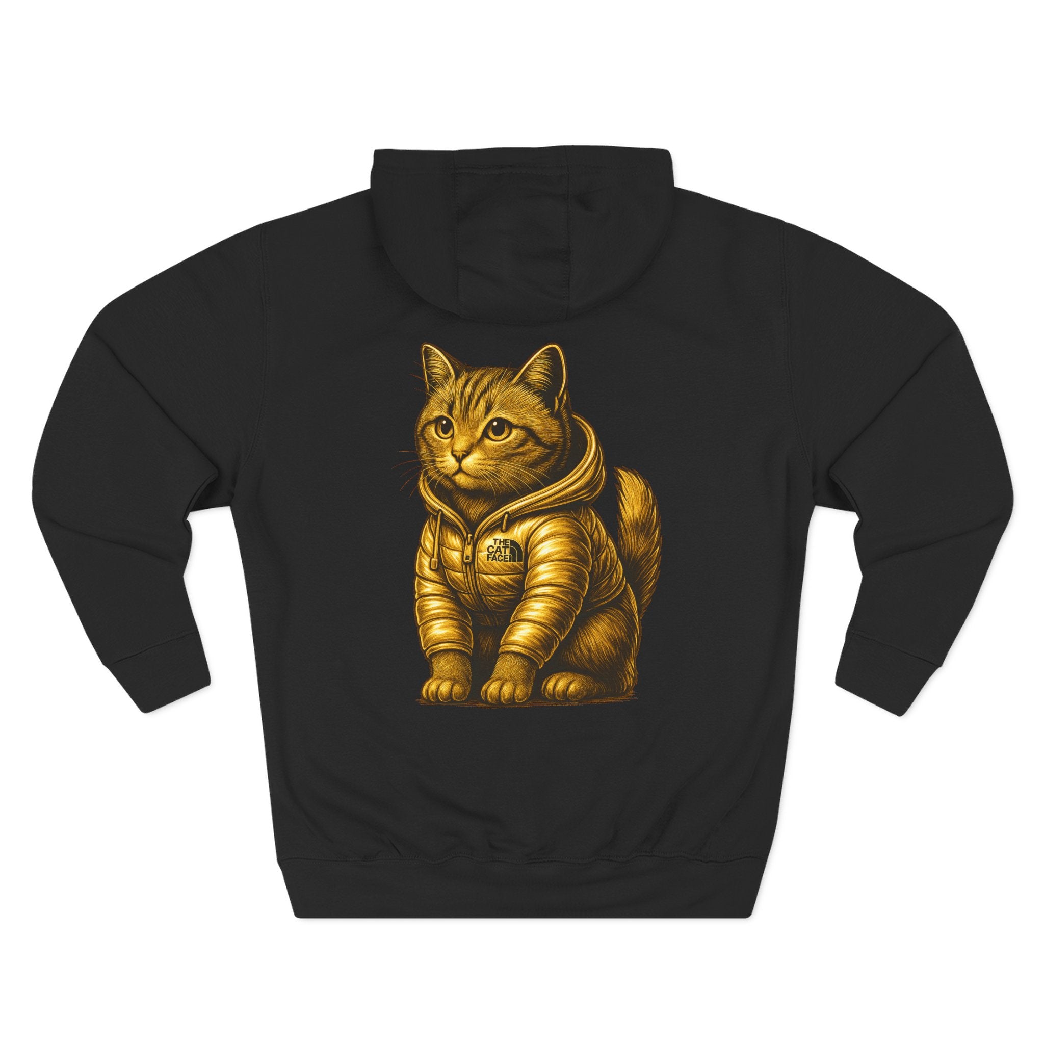 Back view of The Cat Face Gold Chest Logo & Back Puffer Cat Graphic Hoodie featuring metallic puffer cat artwork