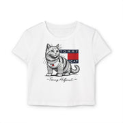 Tommy Hilficat Signature Purr Style Cat Graphic Women's Baby Tee in White, cat lover t shirts