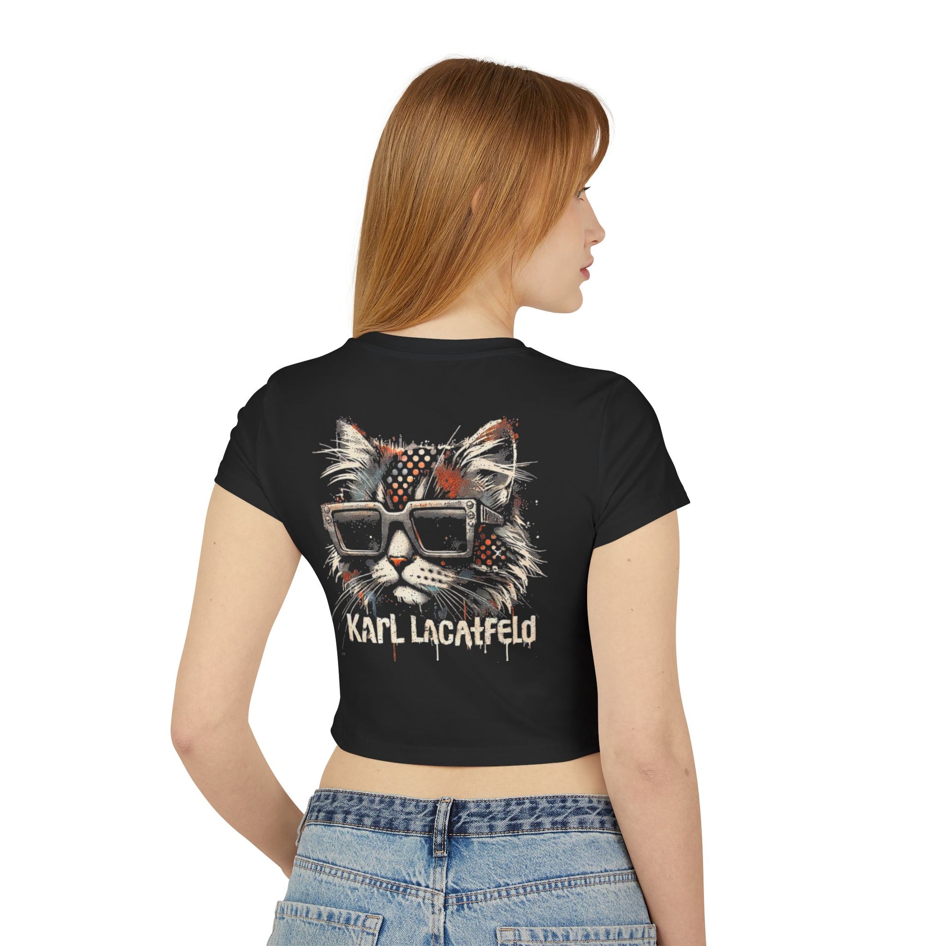 Model back view Karl Lacatfeld Noir Couture Black Crop Top with graffiti cat design