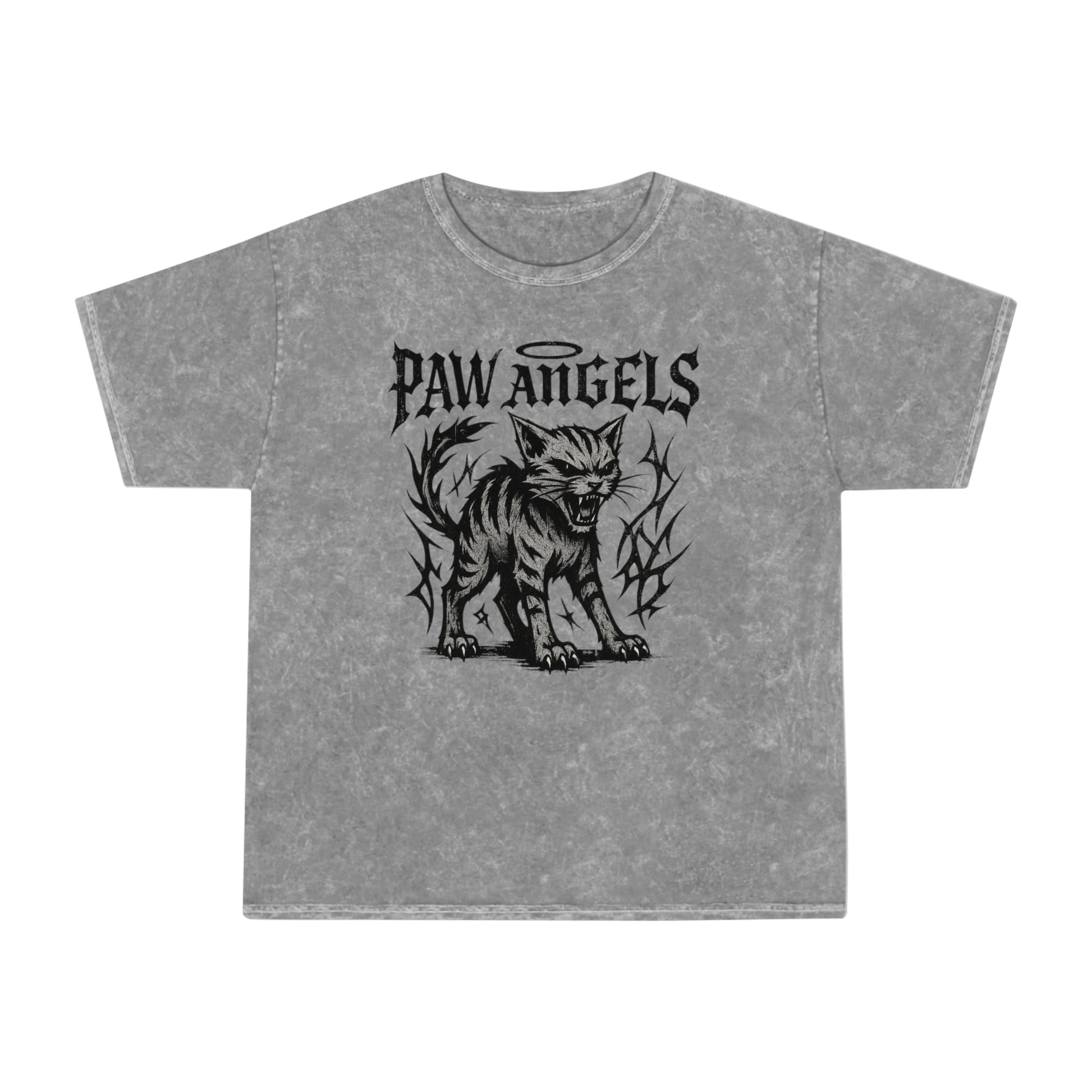 Front view of Paw Angels Hellcat mineral gray unisex mineral wash cat t-shirt, cat t shirt mens