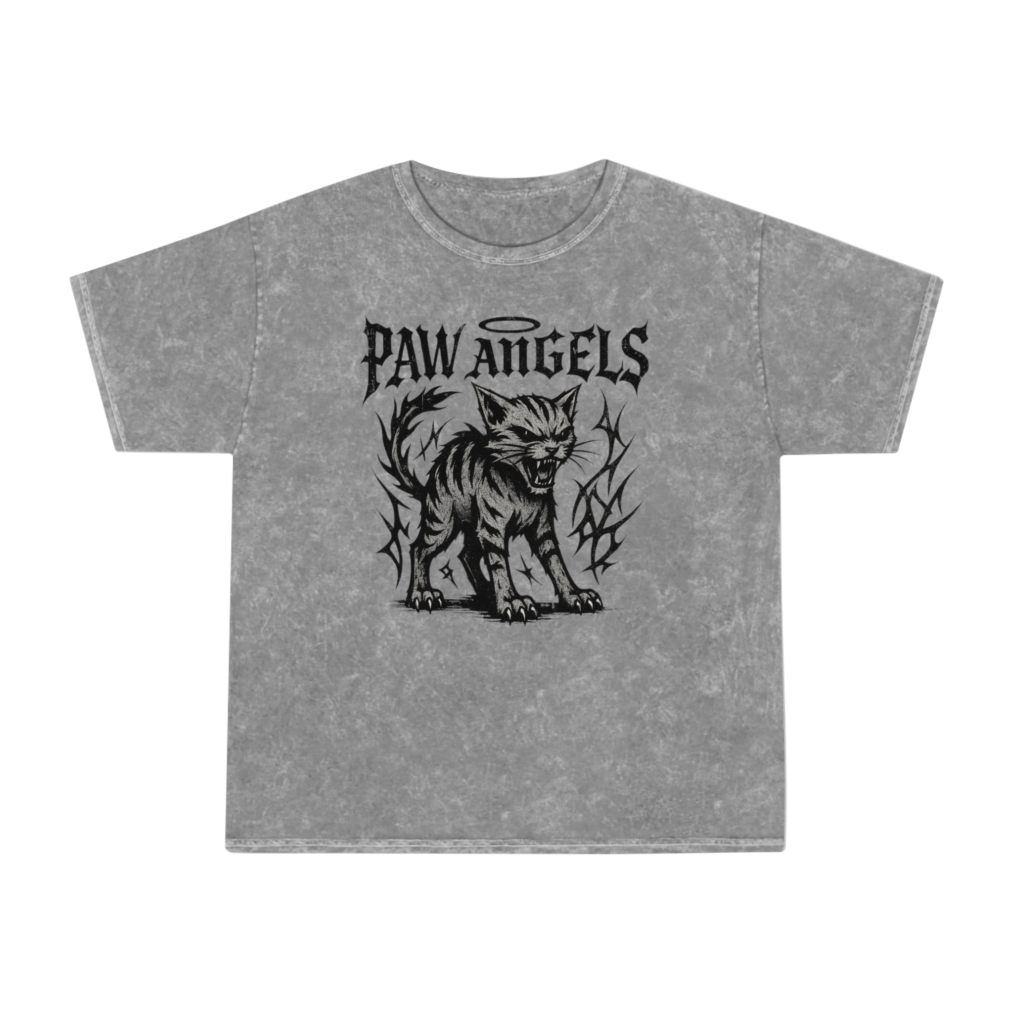 Front view of Paw Angels Hellcat mineral gray unisex mineral wash cat t-shirt, cat t shirt mens