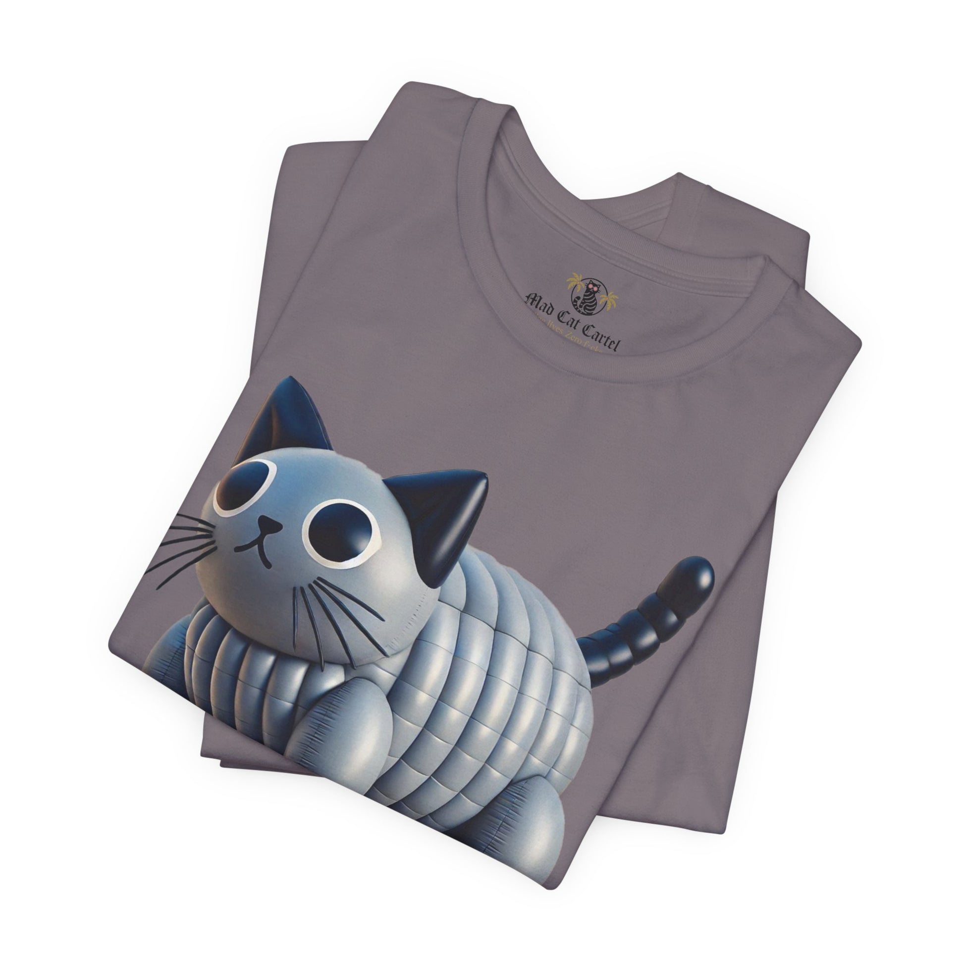 Folded Storm Pawlenciaga Cat Balloon Graphic T Shirt close up cat on a shirt