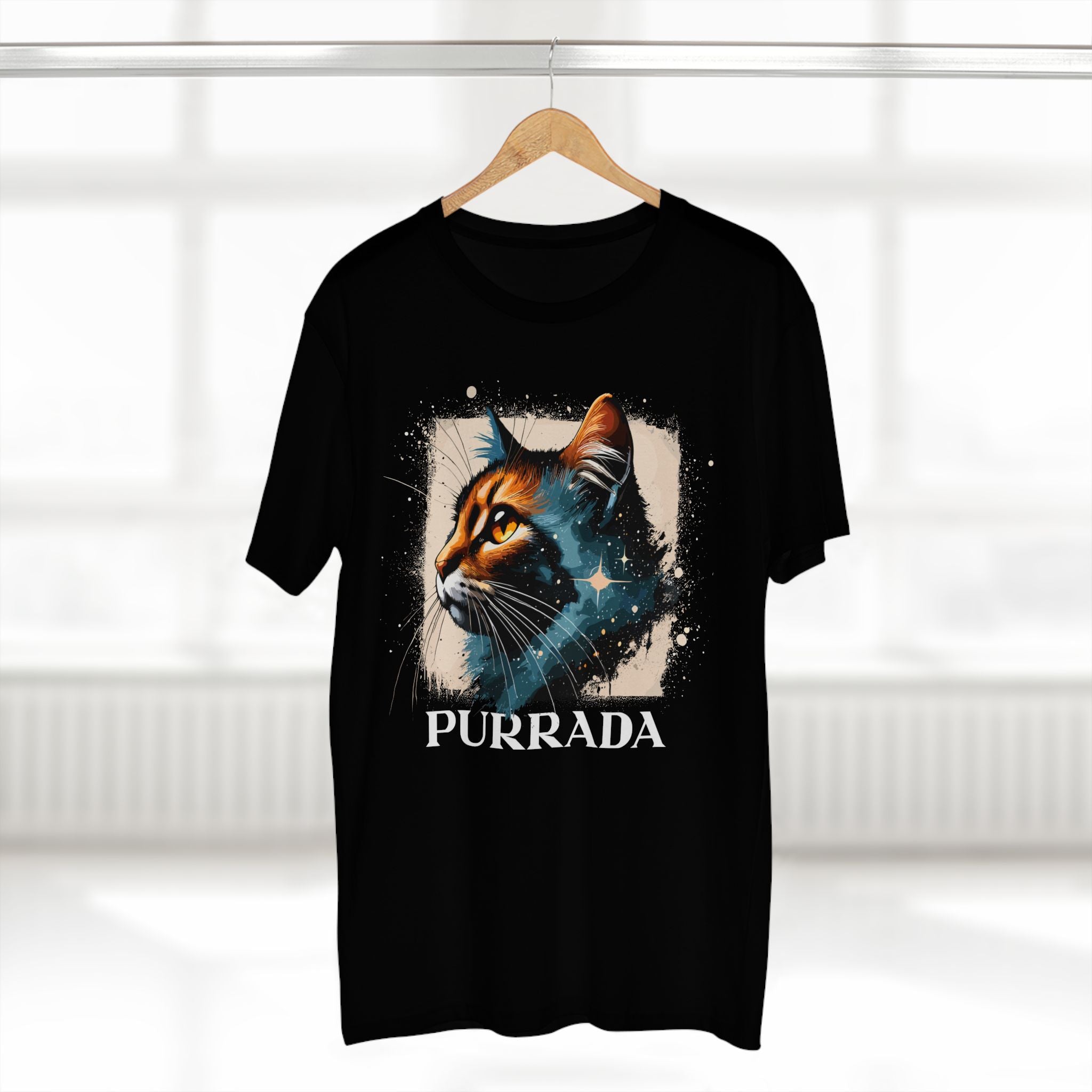 Navy Purrada Cosmic Gaze Cat Graphic T Shirt on hanger, cat t shirts for women and men