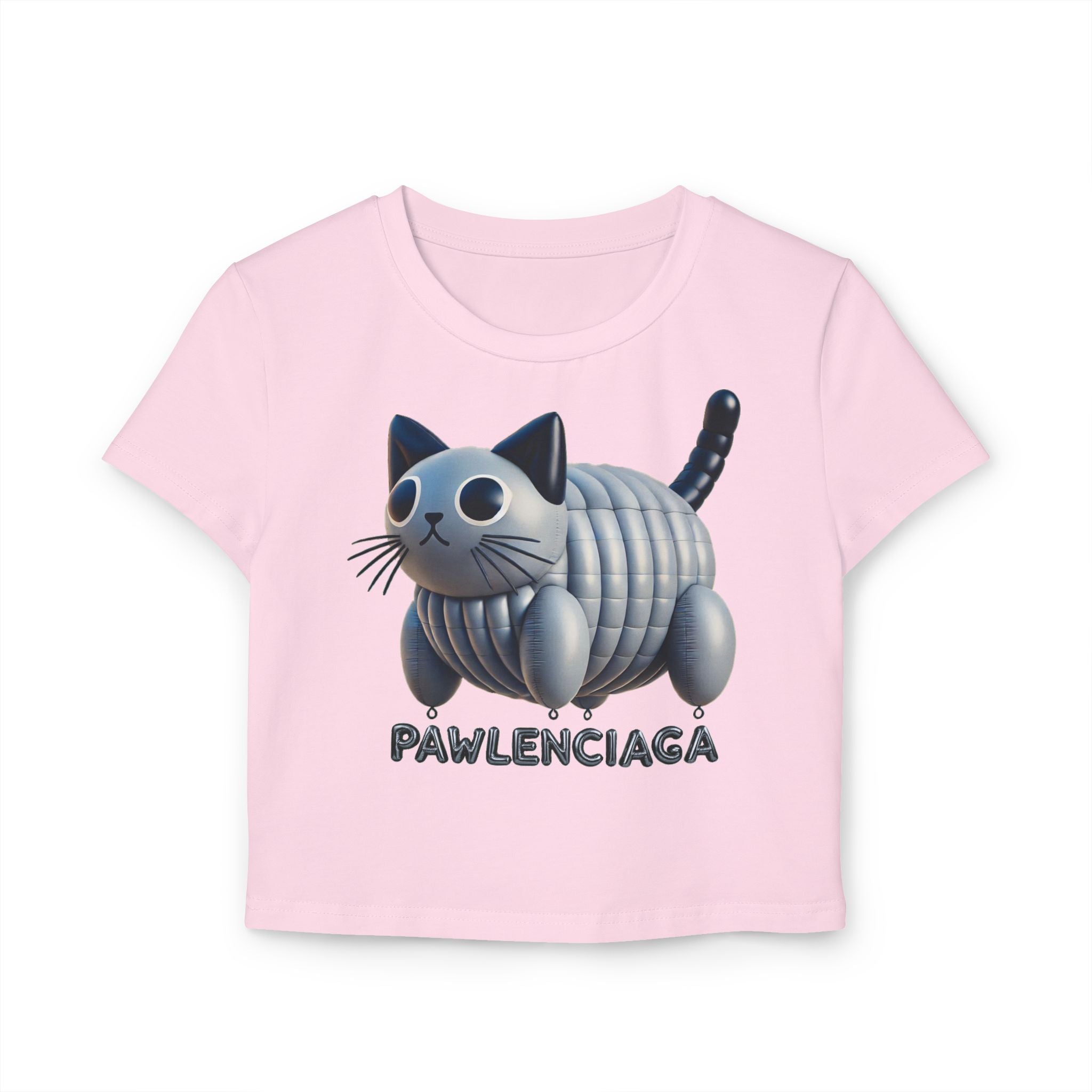 Pawlenciaga Cat Balloon Graphic Women's Baby Tee Pink, pink baby tee front view