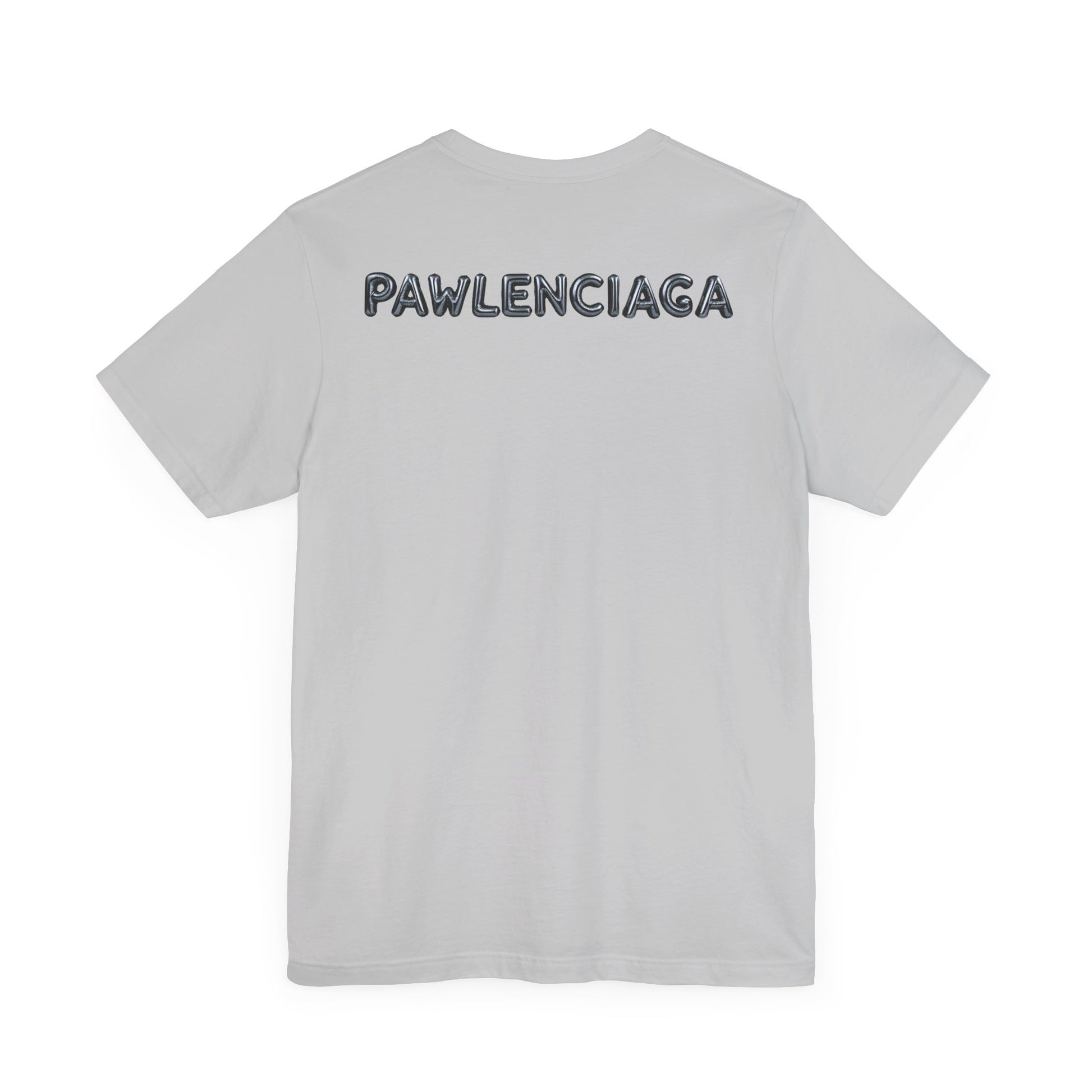 Back view of gray Pawlenciaga cat balloon graphic t-shirt for men and women