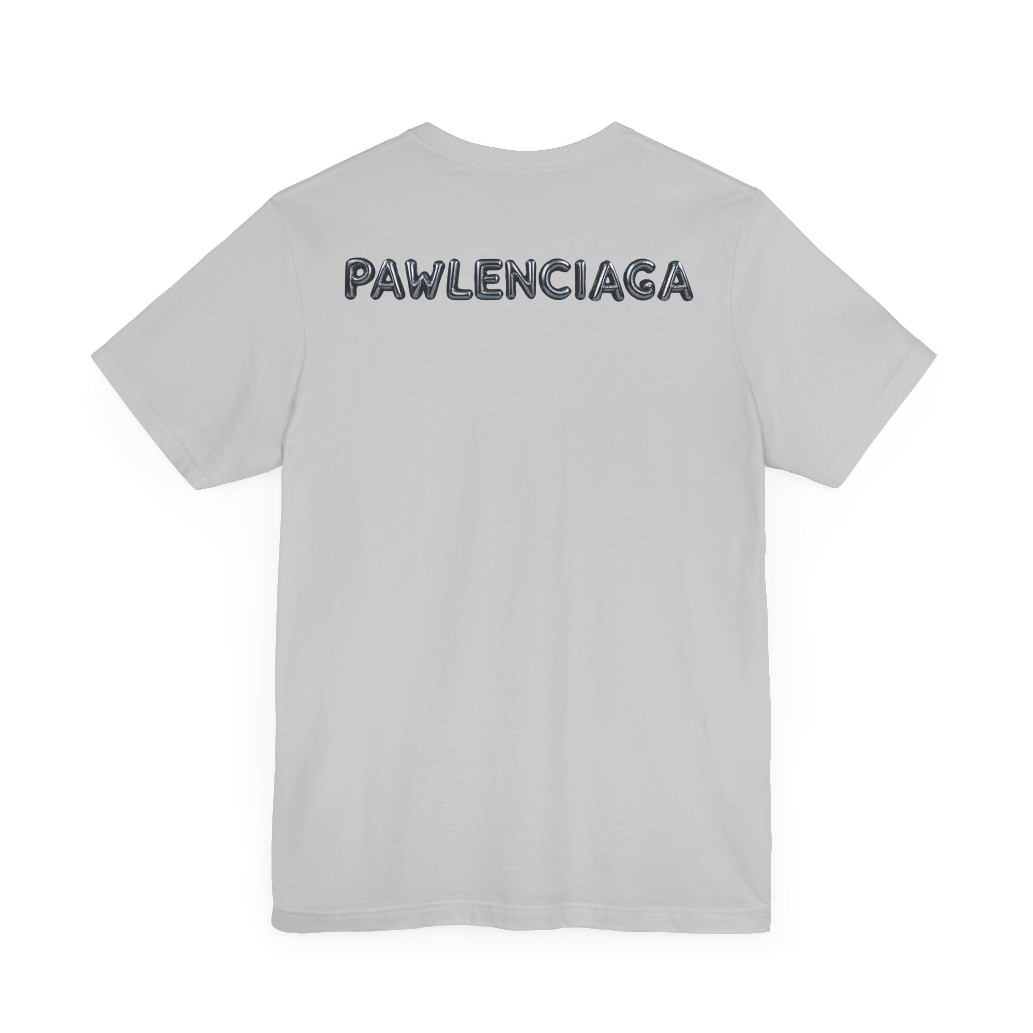Back view of gray Pawlenciaga cat balloon graphic t-shirt for men and women