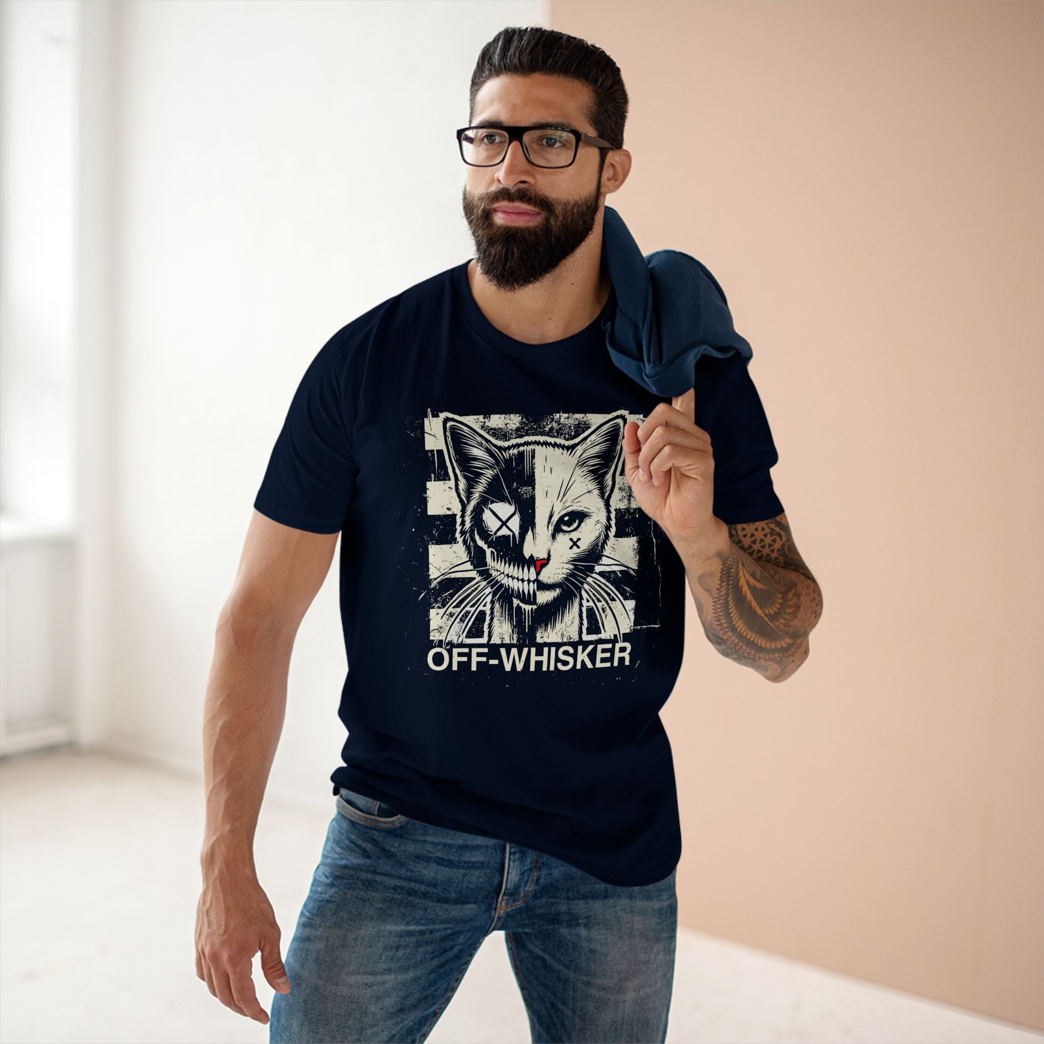 Man wearing navy Off-Whisker Split Face cat face t shirt β stylish cat lover t shirt for everyday outfits