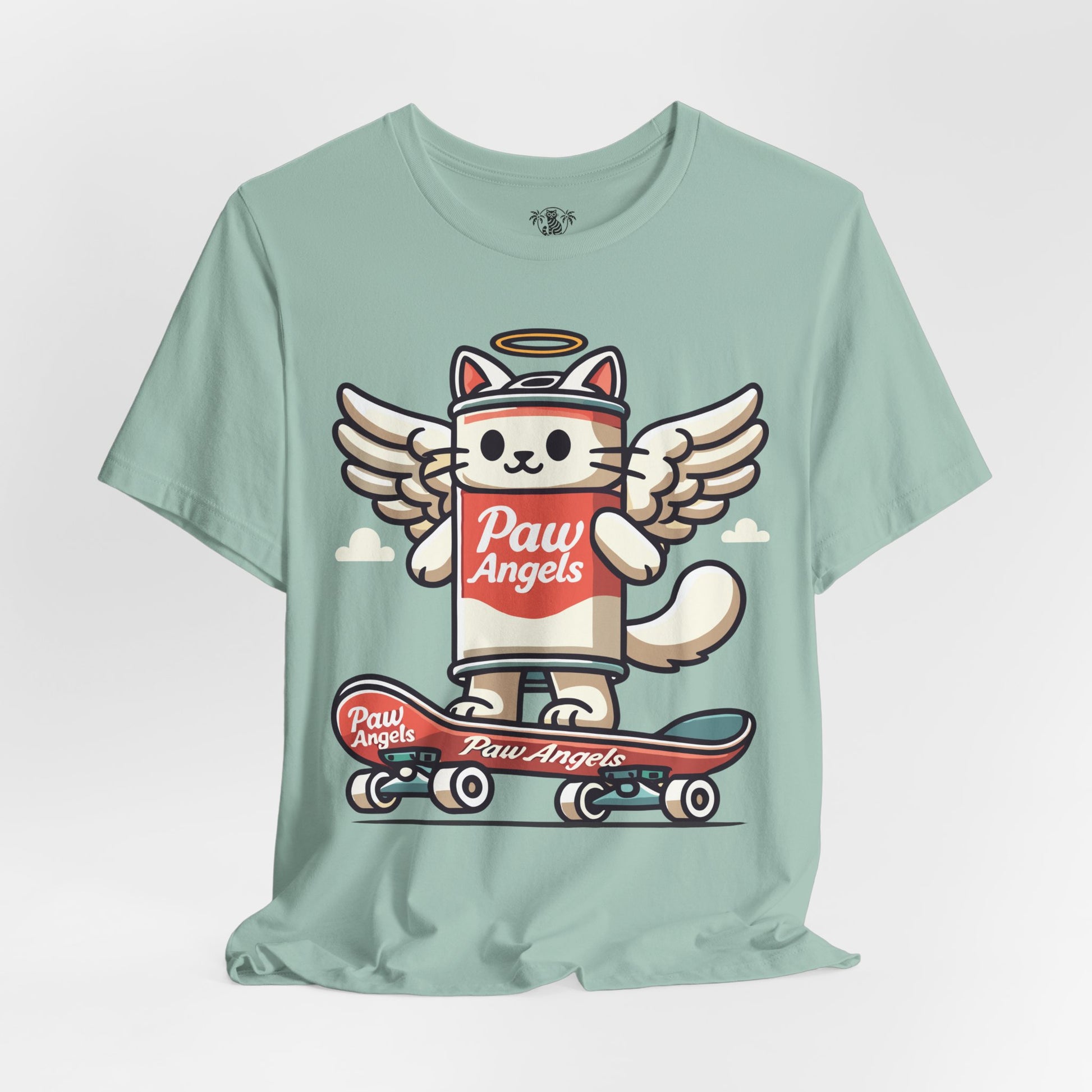 Dusty Blue Paw Angels skate t shirt front – cool tee for cat lovers