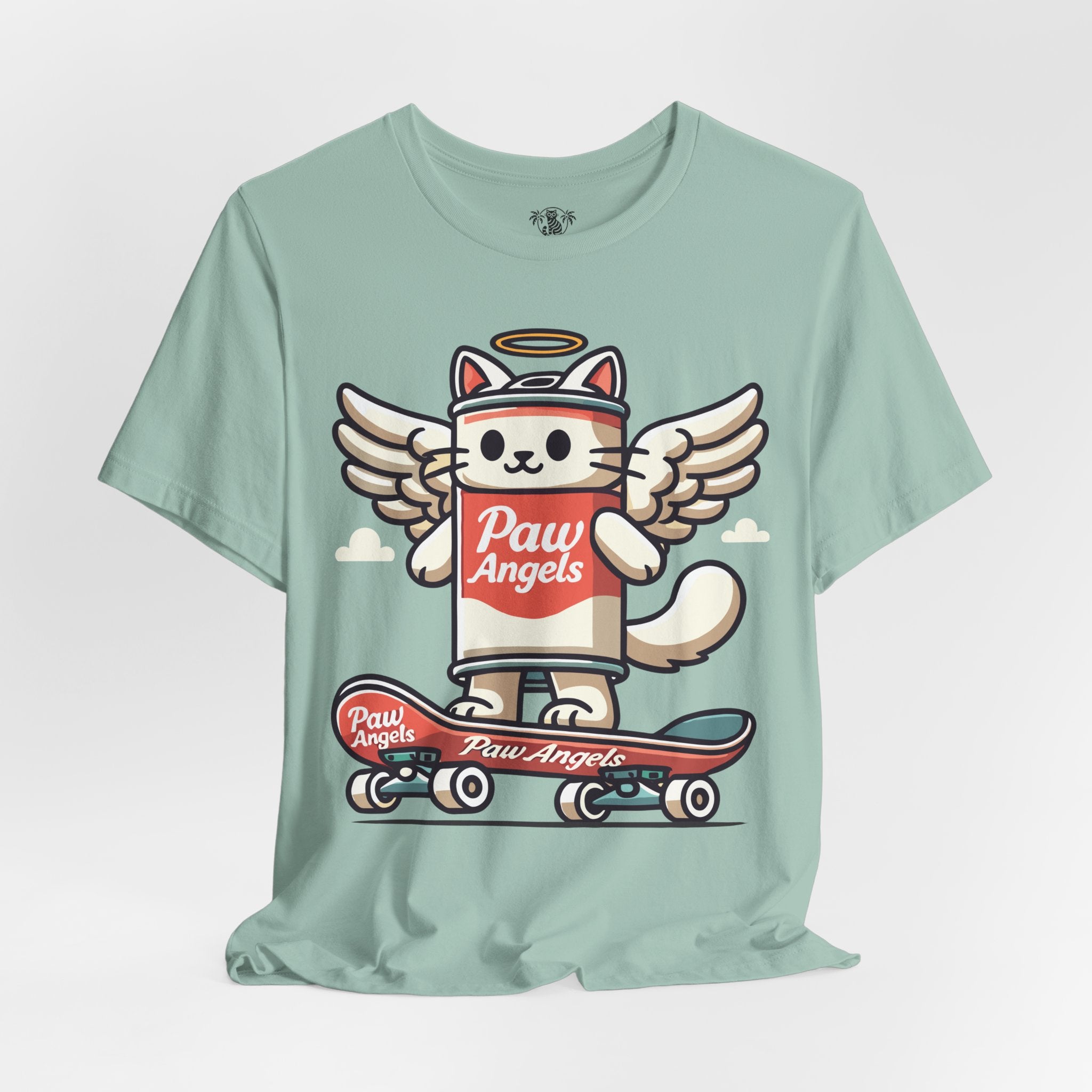 Dusty Blue Paw Angels skate t shirt front – cool tee for cat lovers