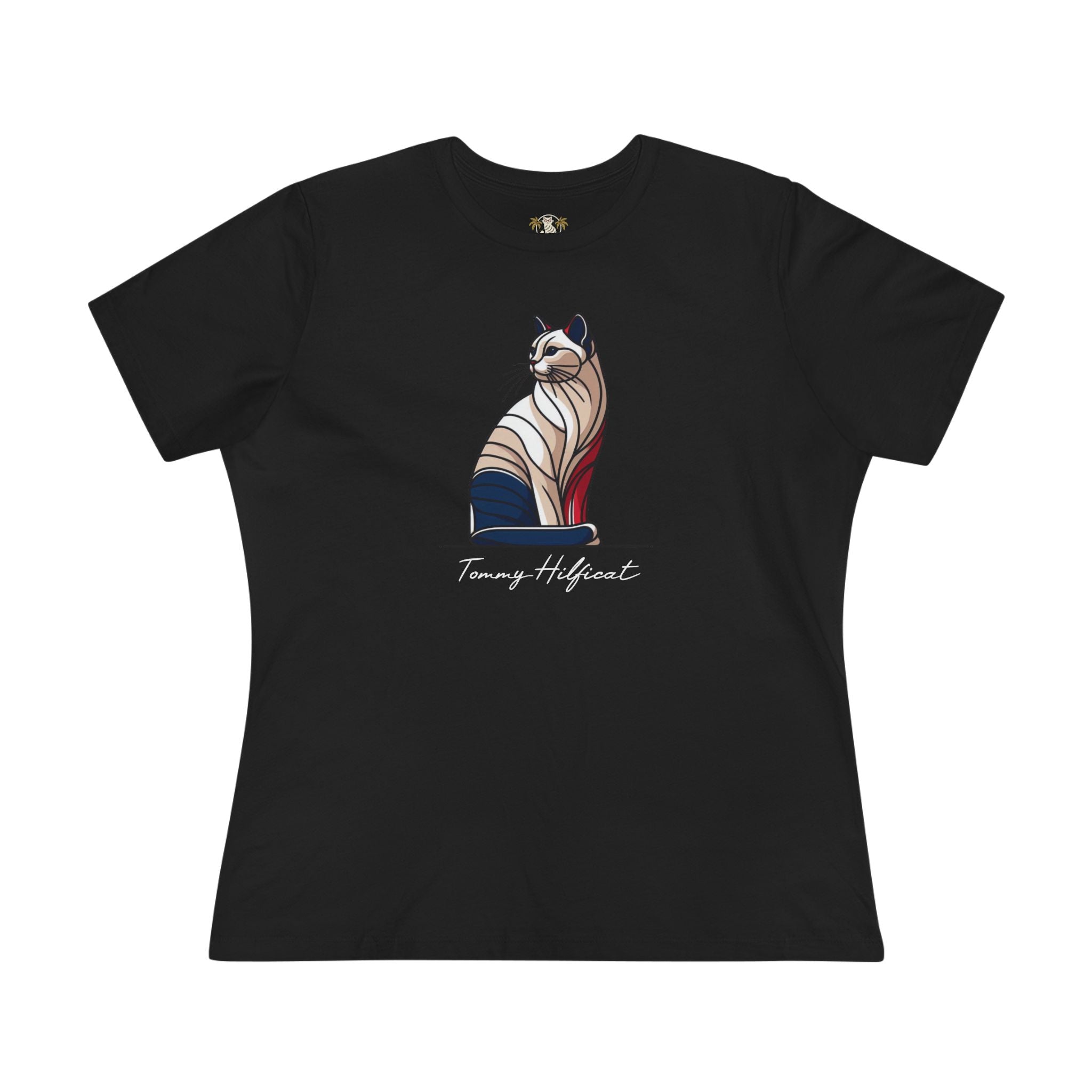 Tommy Hilficat Sitting Icon T Shirt in Black, funny shirts for women