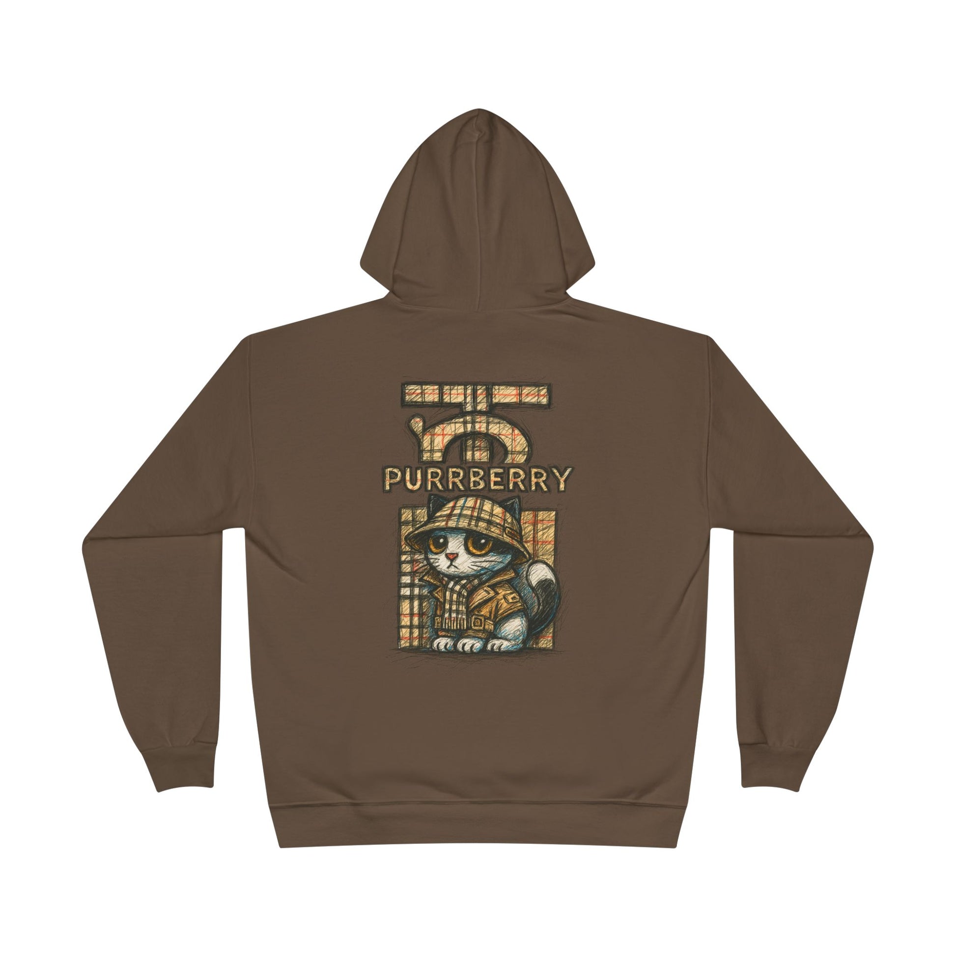 Back view of Purrberry army brown hoodie with sketch logo and cat design, cat themed clothes