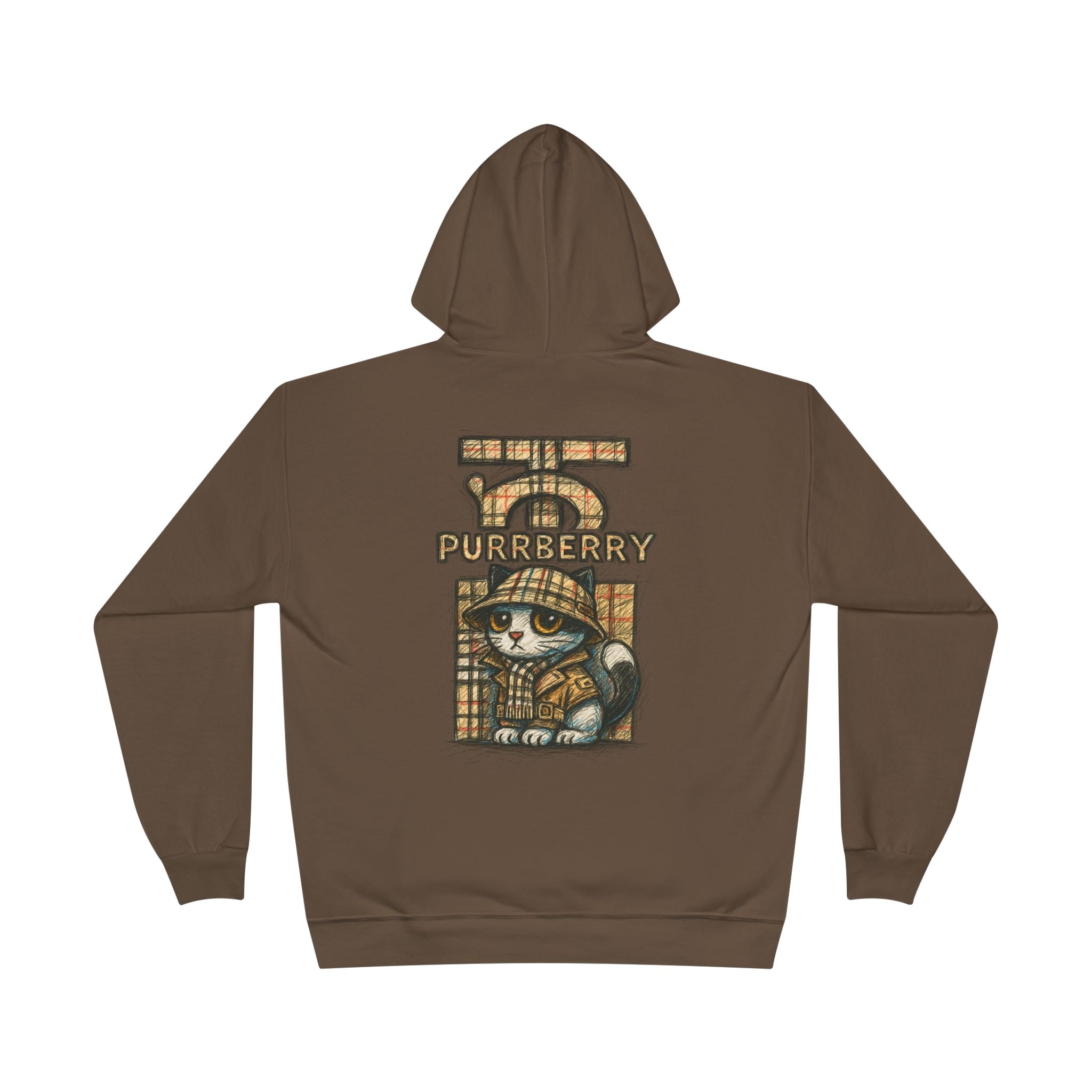 Back view of Purrberry army brown hoodie with sketch logo and cat design, cat themed clothes
