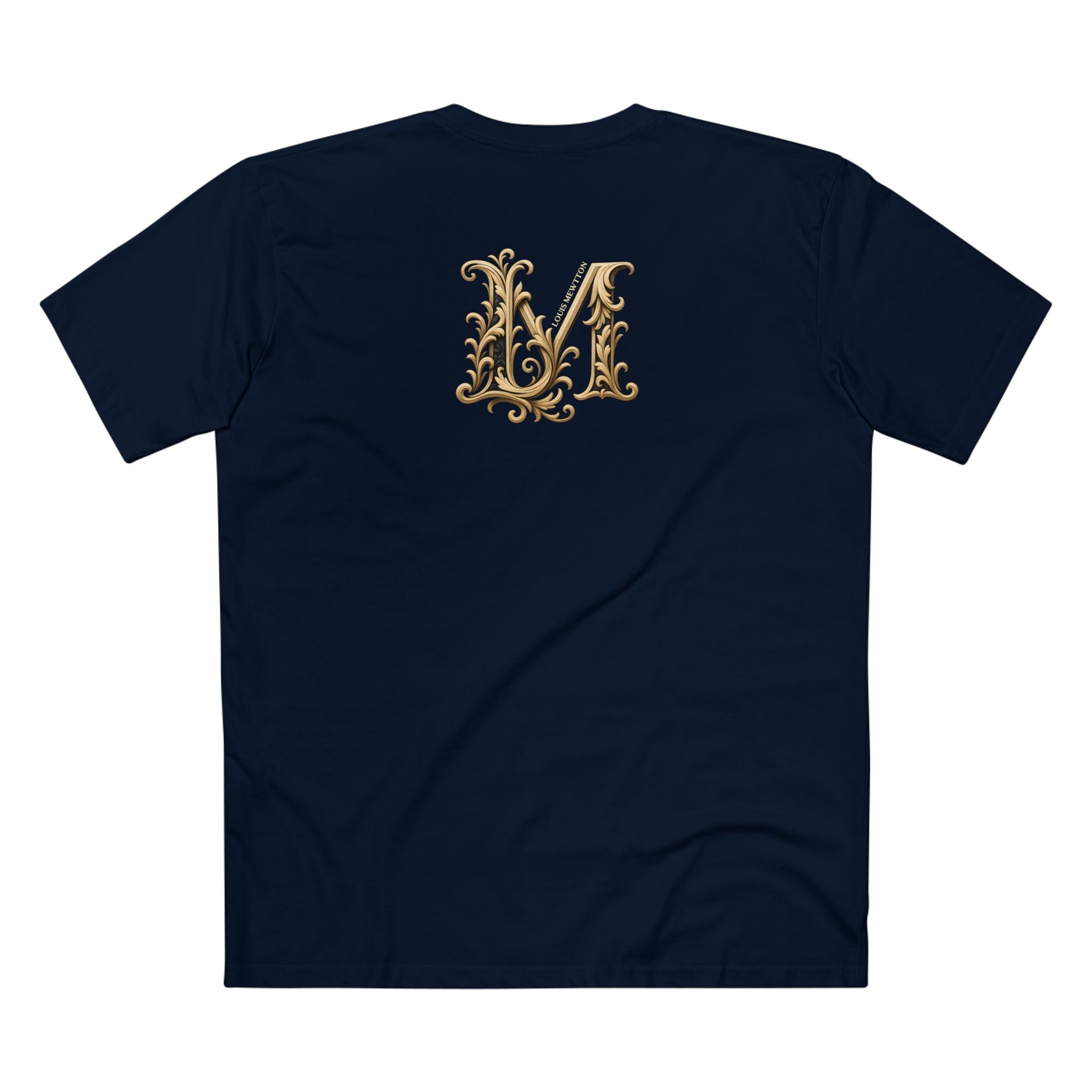 Navy cat themed shirt flat back with gold logo