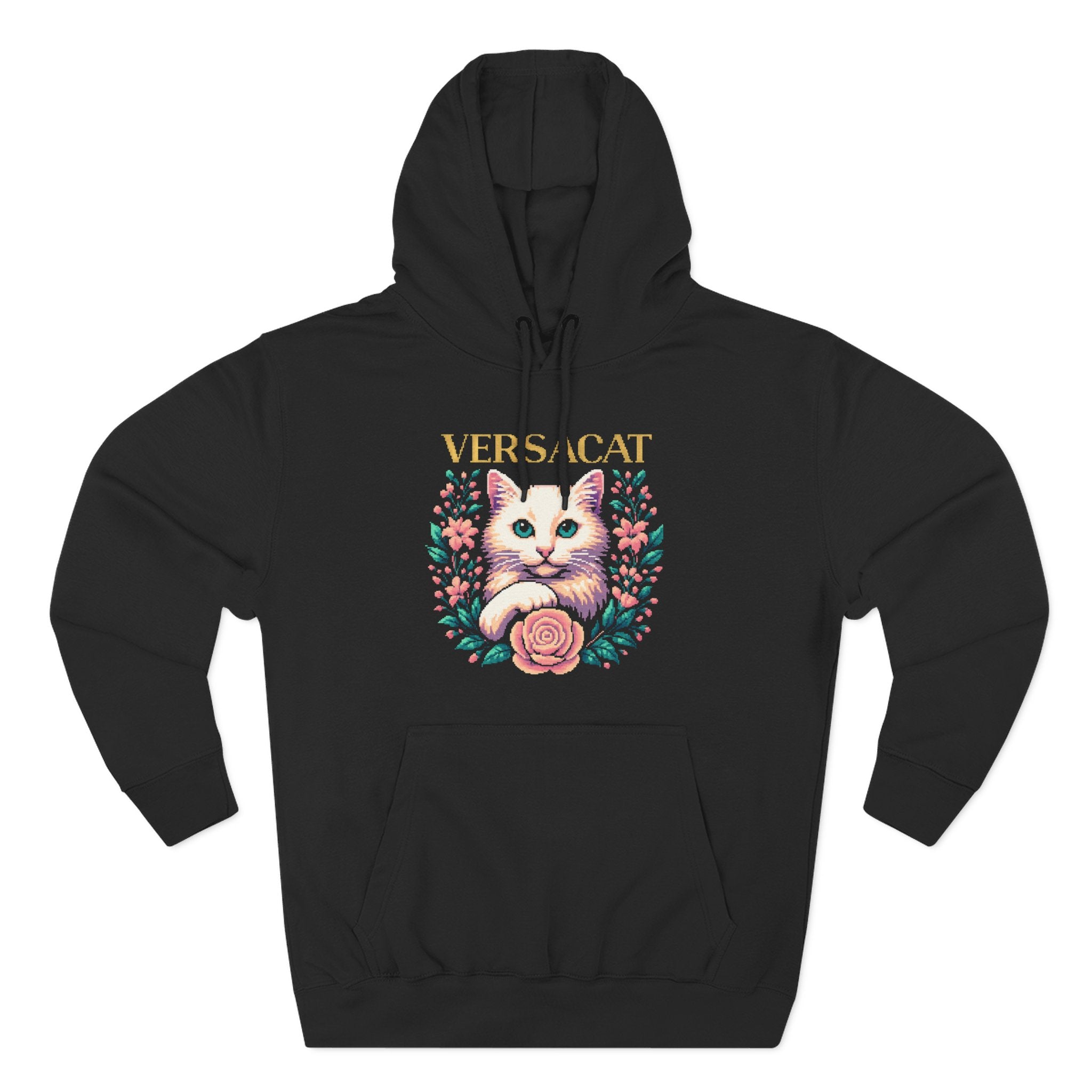 Versacat Pixel Bloom Graphic Hoodie in Black color luxury cat themed clothes for humans