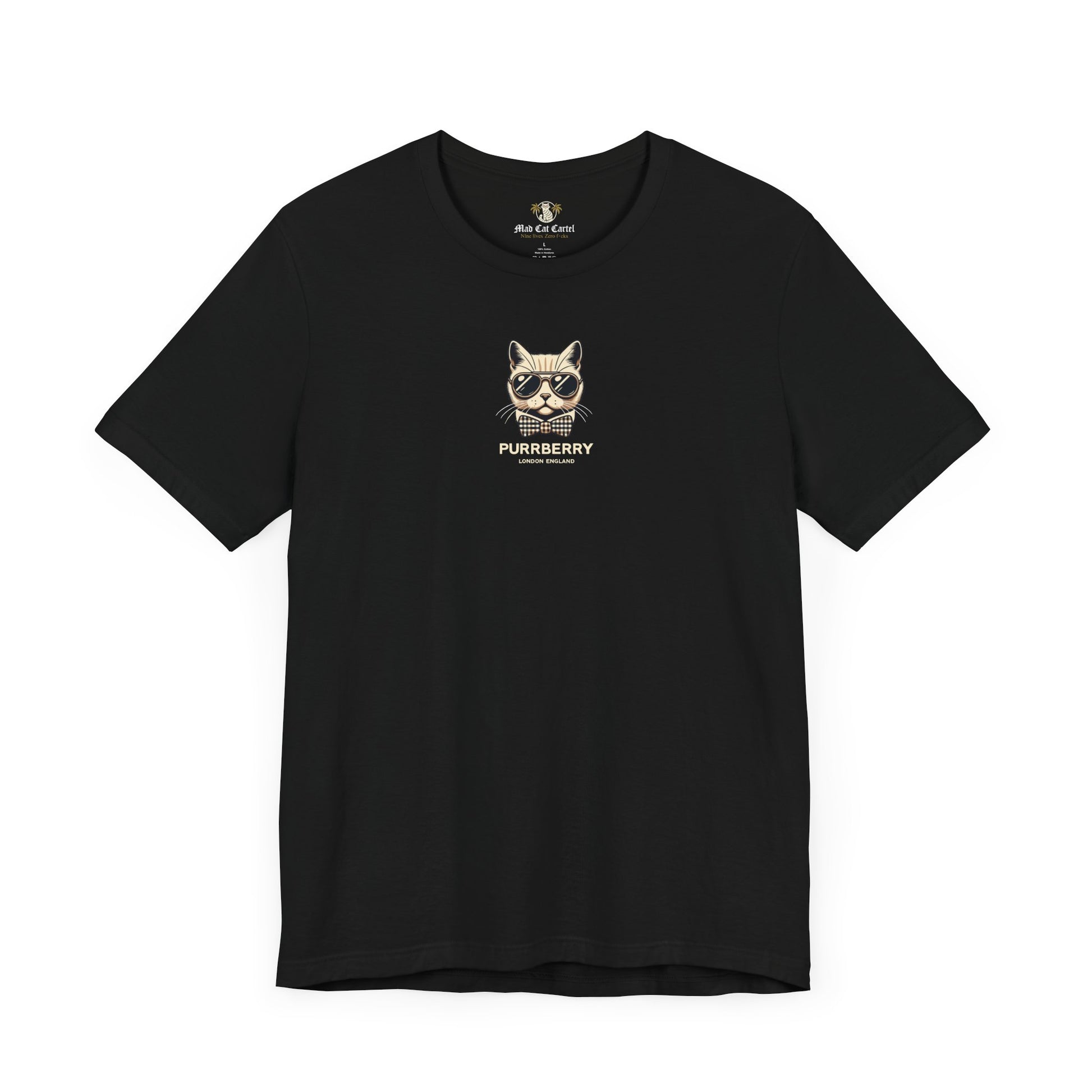 purrberry london mini crest cat graphic t shirt black front view cat lover shirts