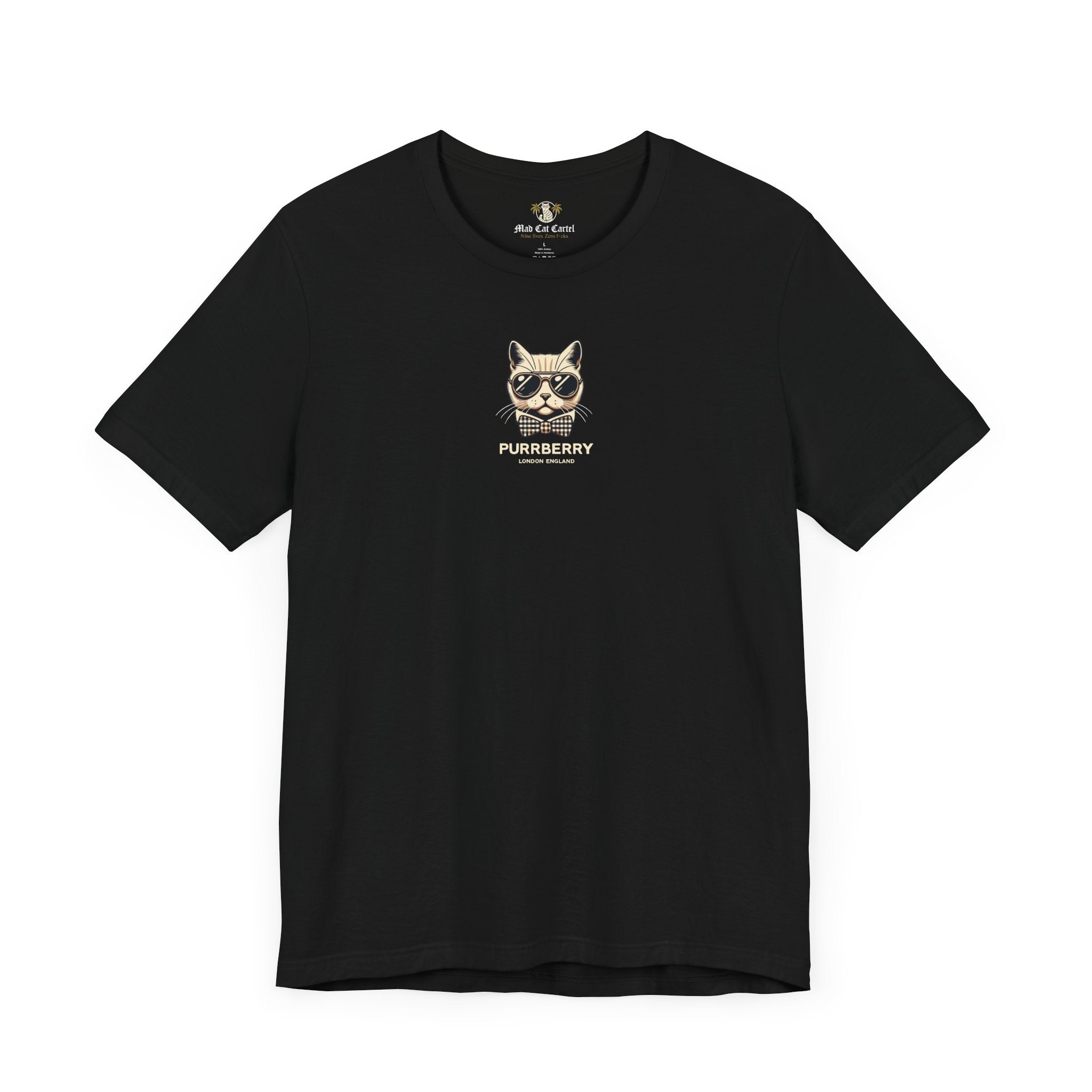 purrberry london mini crest cat graphic t shirt black front view cat lover shirts