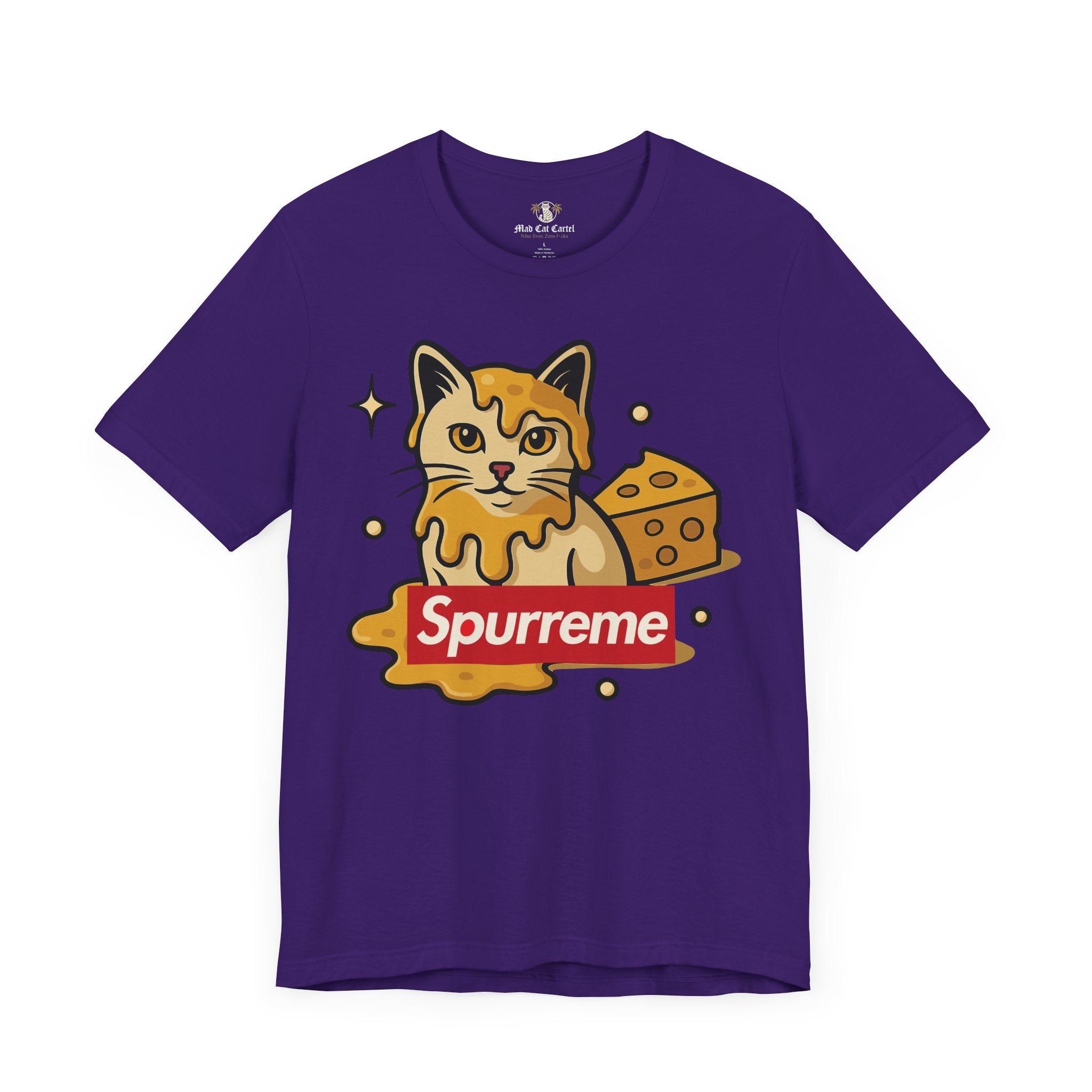Team purple t shirt front view Spurreme Cheddar Cat Drip Graphic