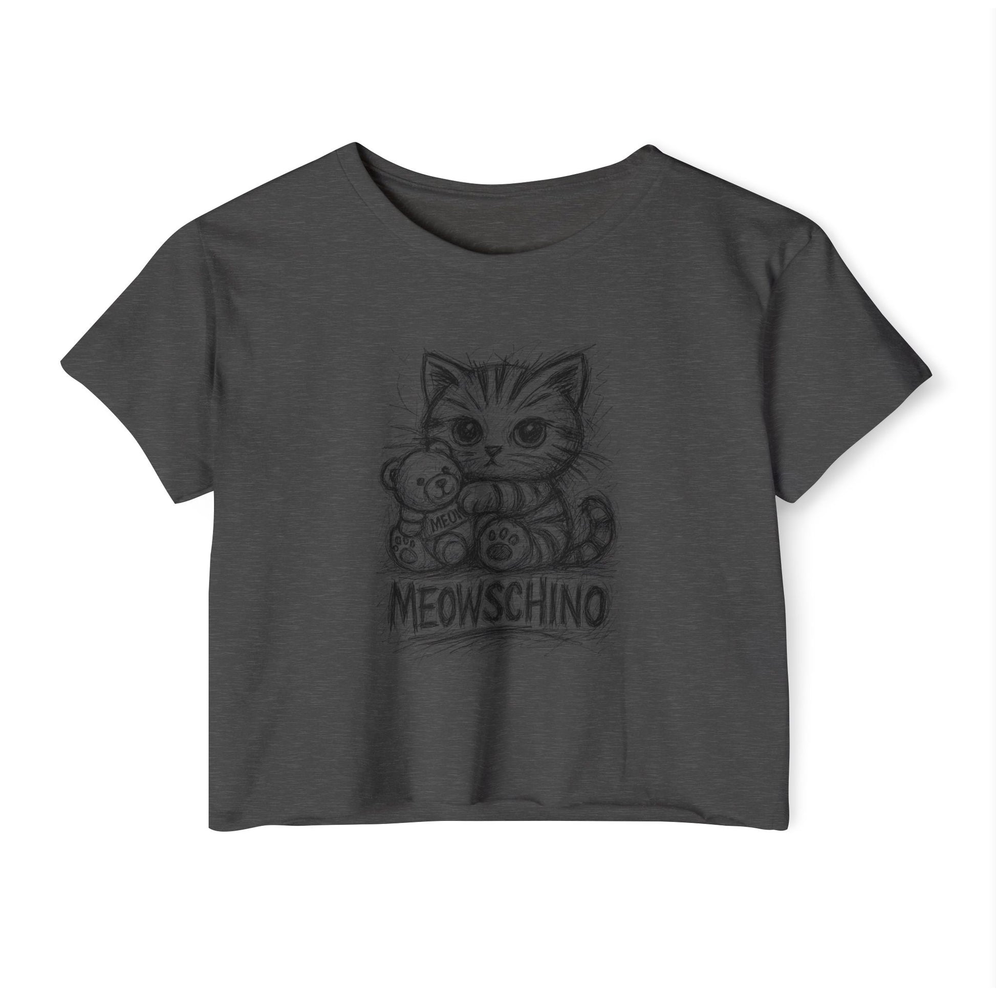 Charcoal black crop top front view, cat themed apparel