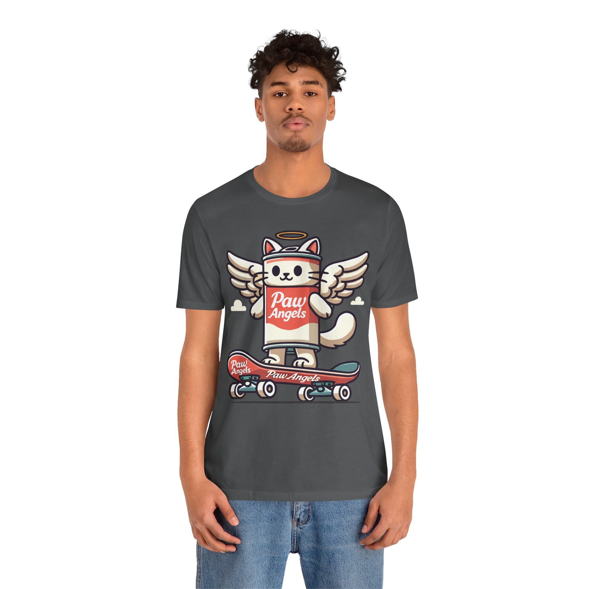Male model in Asphalt Paw Angels skate t shirt – funny cat t shirts for guys
