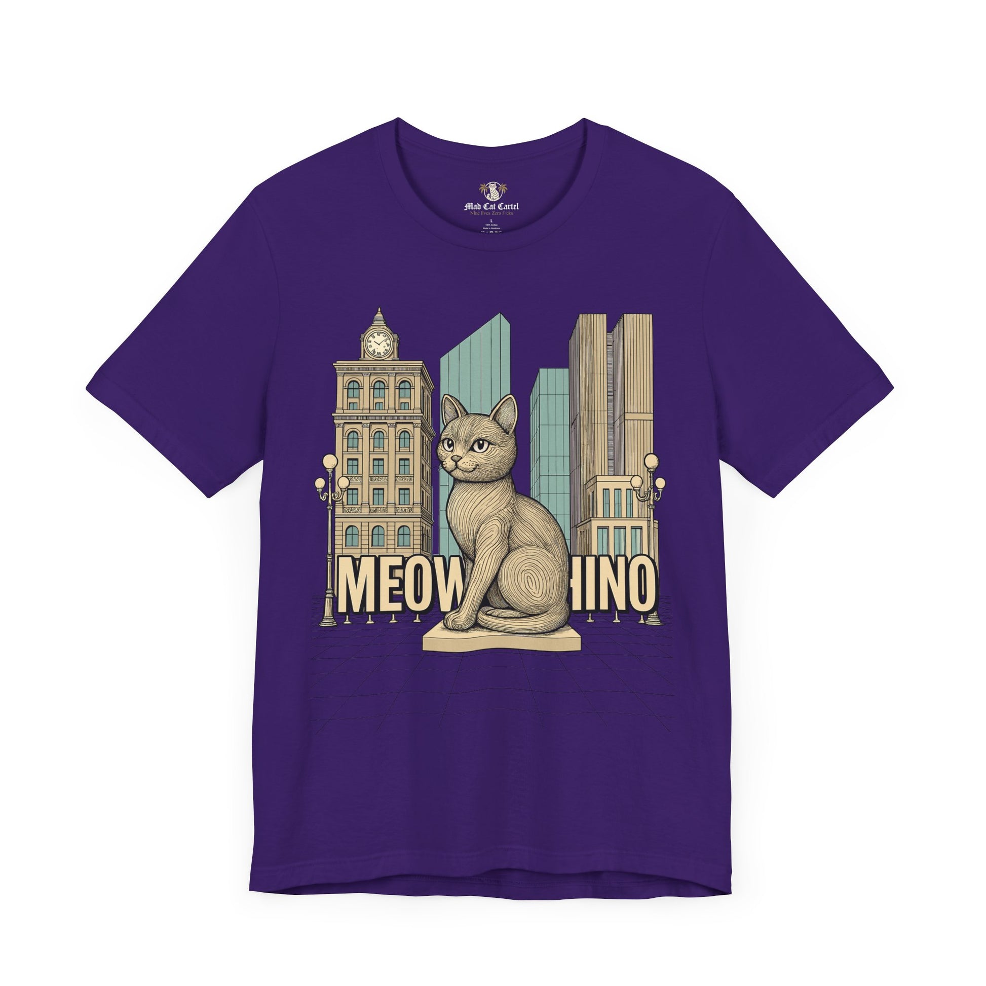 Cat themed shirts – team purple unisex tee, front view, Meowschino city cat statue print