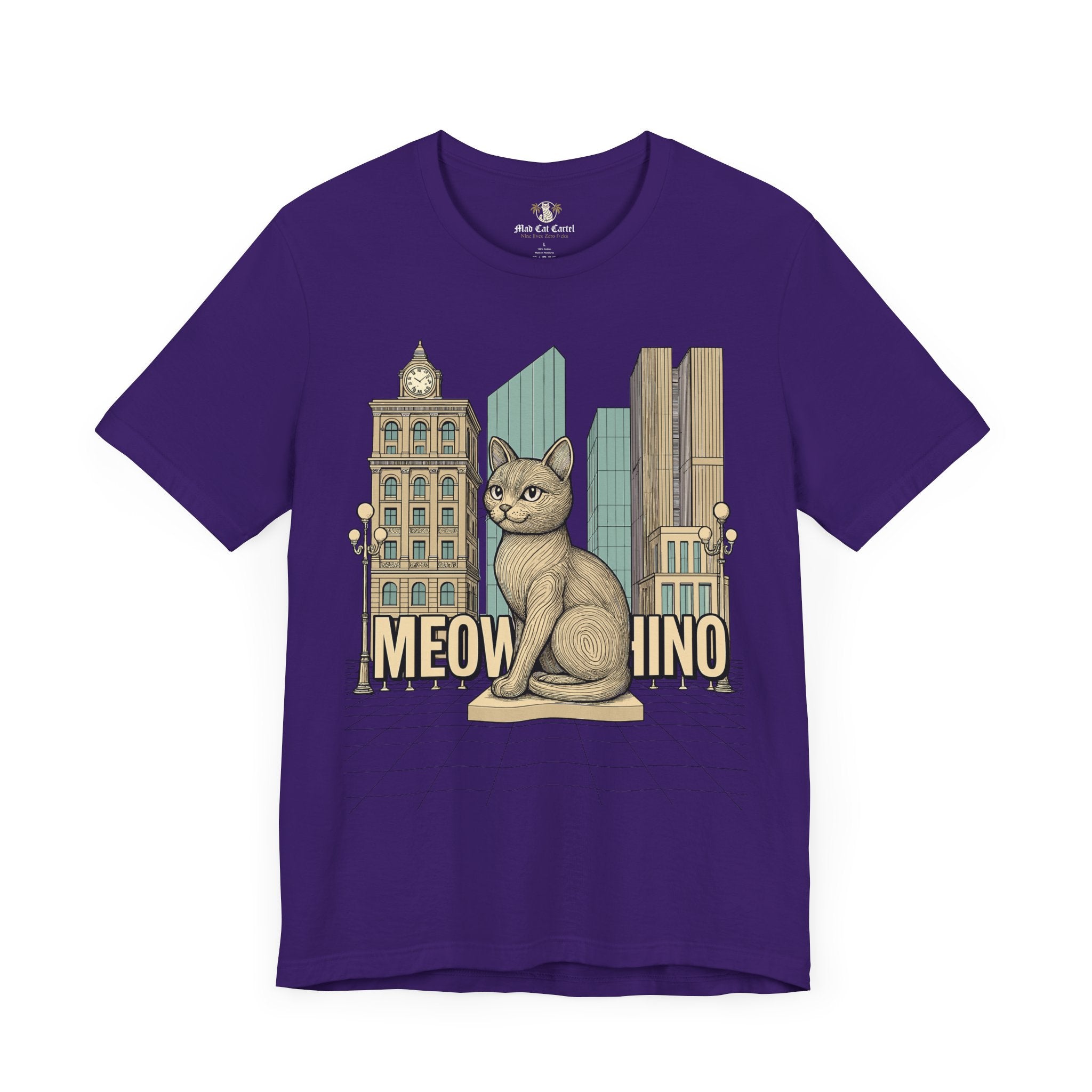 Cat themed shirts – team purple unisex tee, front view, Meowschino city cat statue print