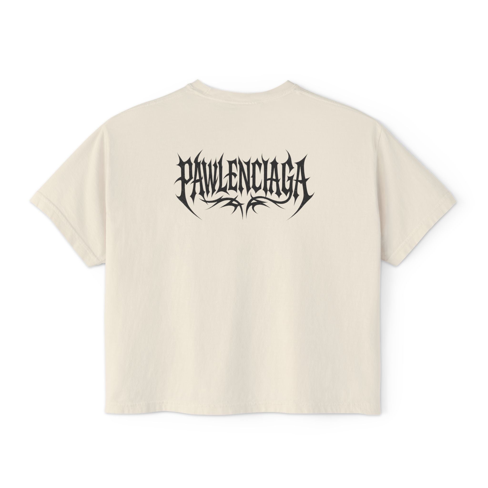 Pawlenciaga womens ivory cat lover boxy tee, back view logo print