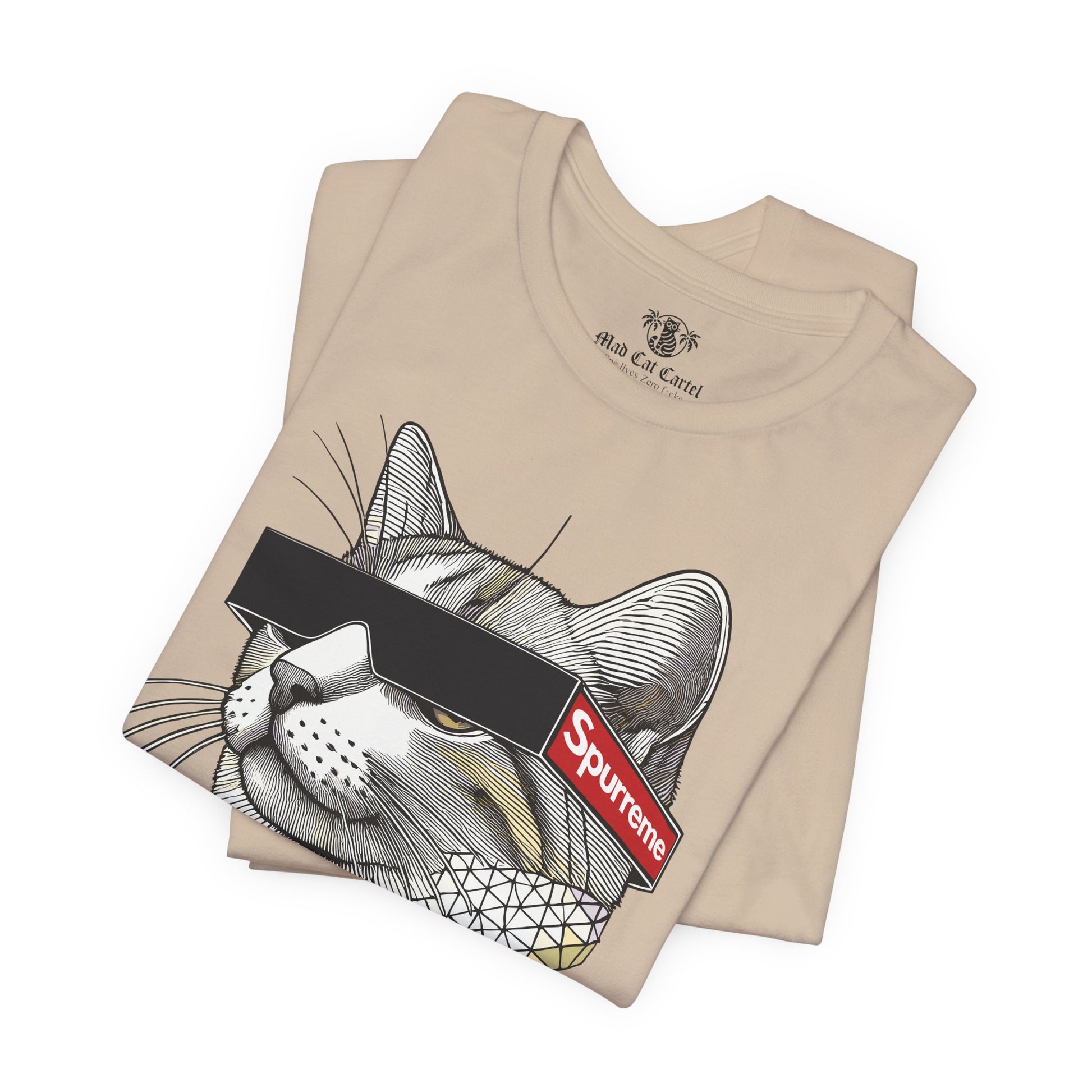 Folded pair of Spurreme Triangular Vision Cat Graphic T Shirts in Tan – unisex cat shirts for men and women