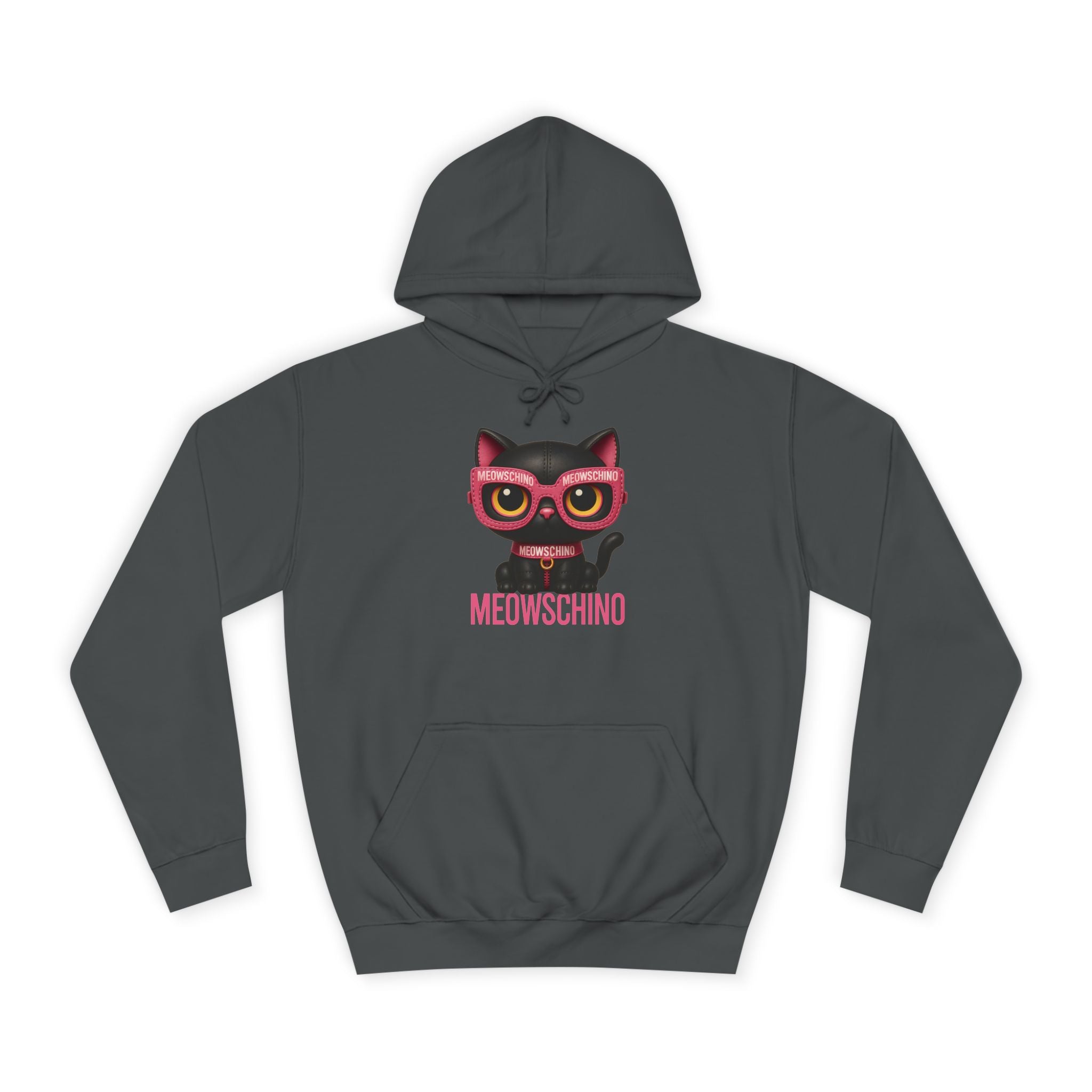 Meowschino Black & Pink Leather Cat Graphic Steel Grey Hoodie, cat hoodies for men