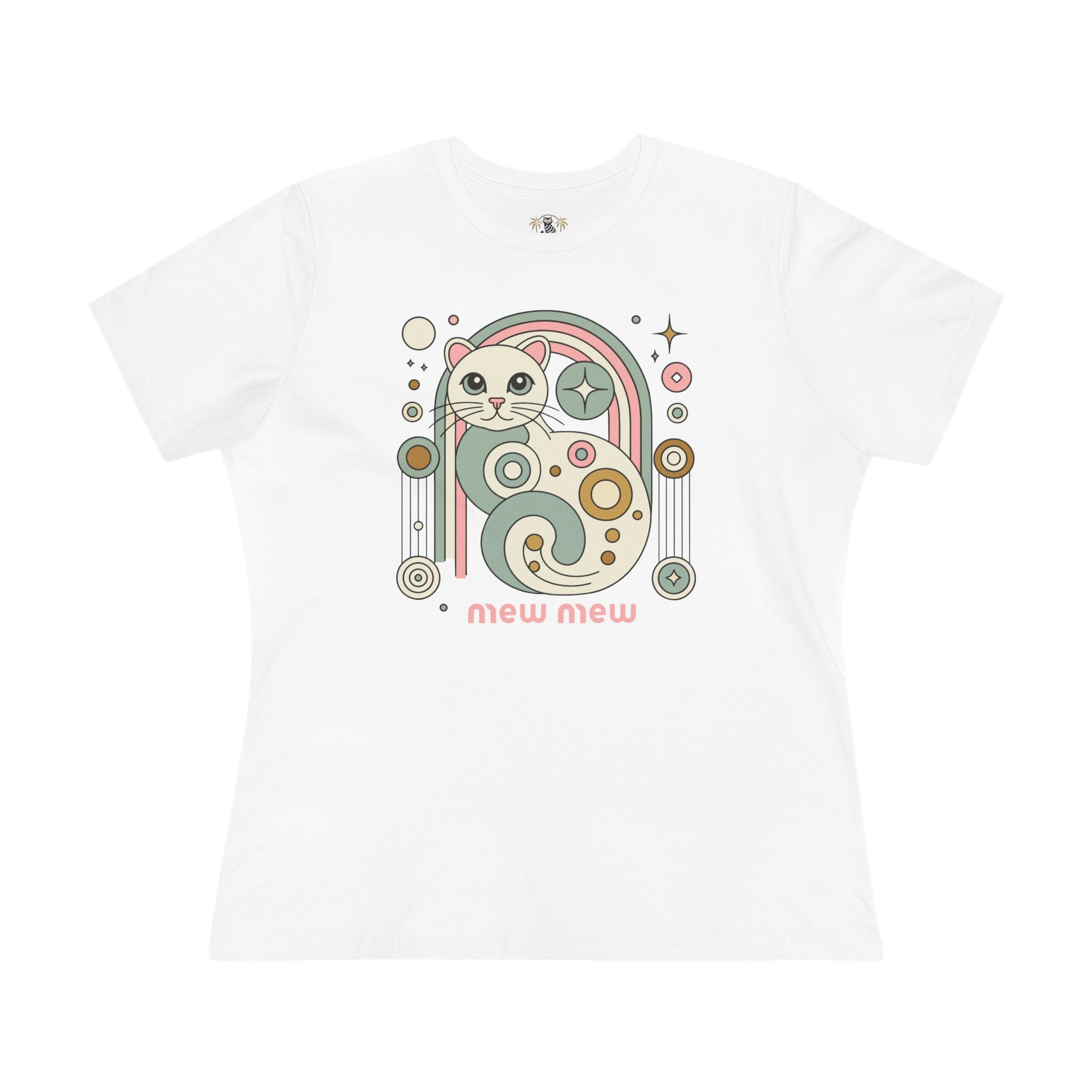 Mew Mew Cosmic Graphic Retro Cat Women's T Shirt, cat themed shirts white front view
