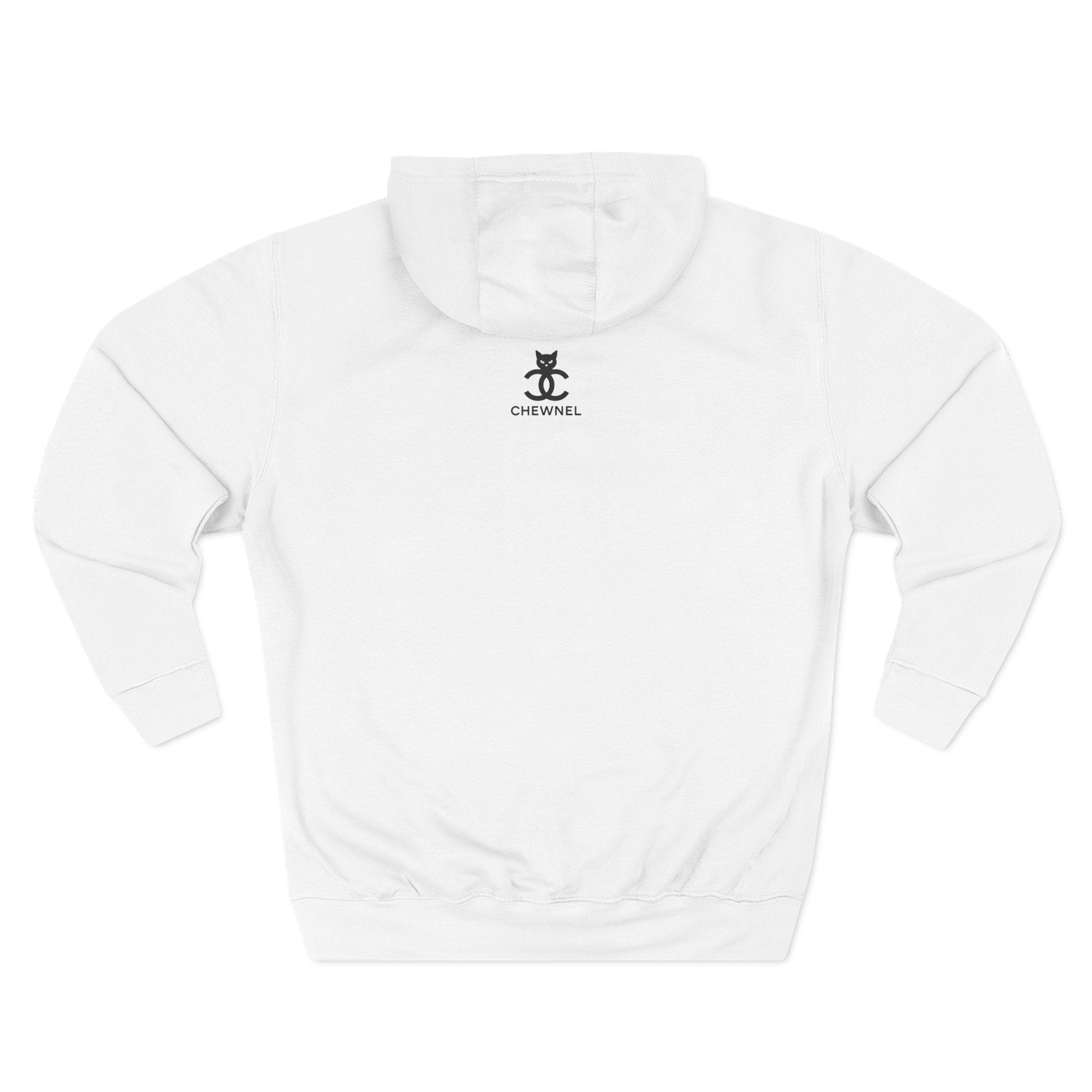 Back view of Chewnel white cat hoodie, simple cat themed apparel