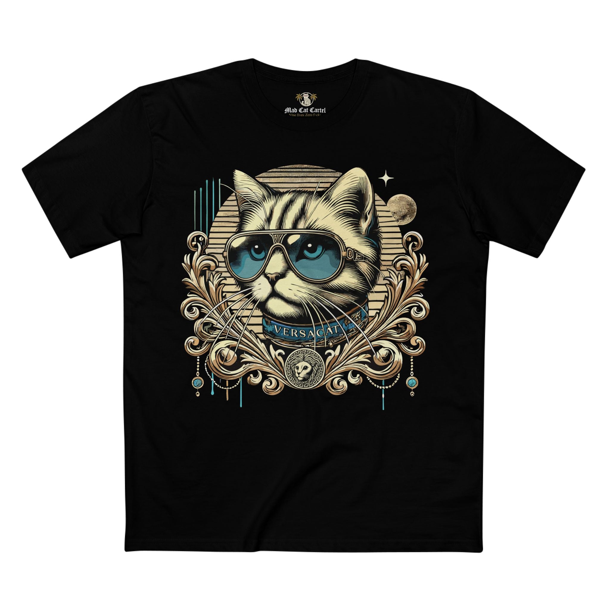 Versacat Royal Baroque Graphic Cat Black T Shirt – ornate gold frame design with cat in sunglasses on black unisex tee