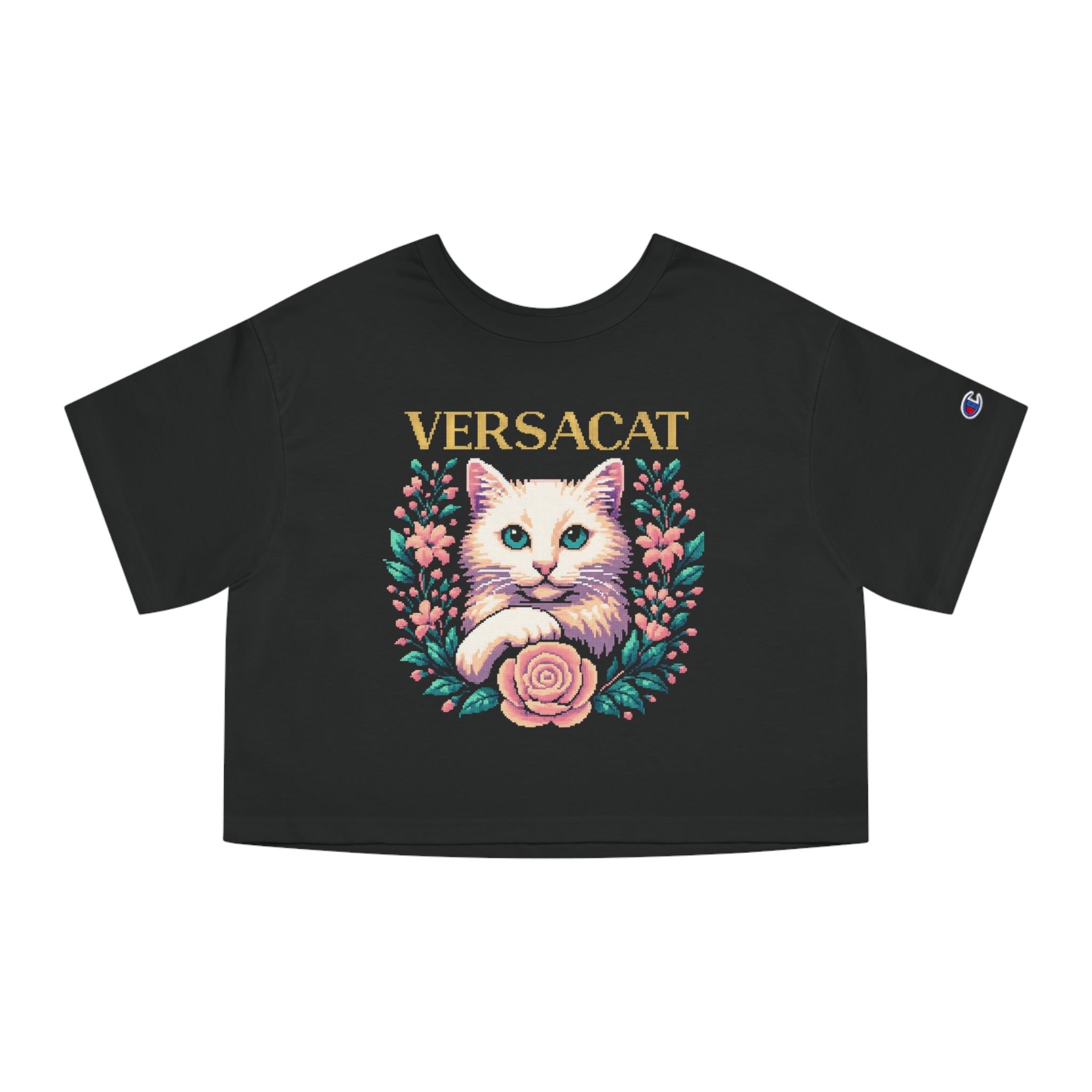 Versacat x Champion Pixel Bloom Women's Black Crop Top, black crop top for cat lovers