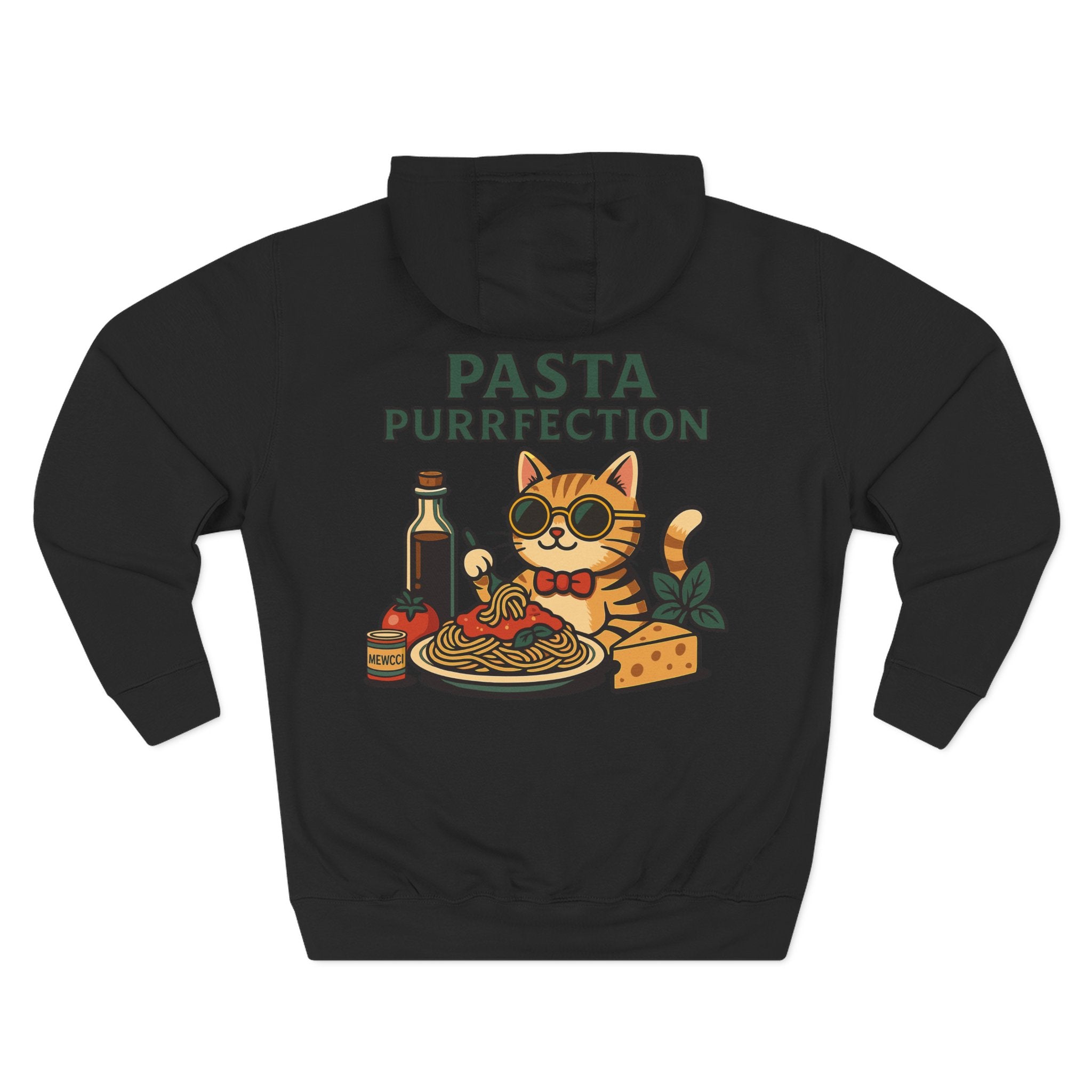 Back view of Mewcci black hoodie with pasta chef cat artwork, cat graphic hoodie