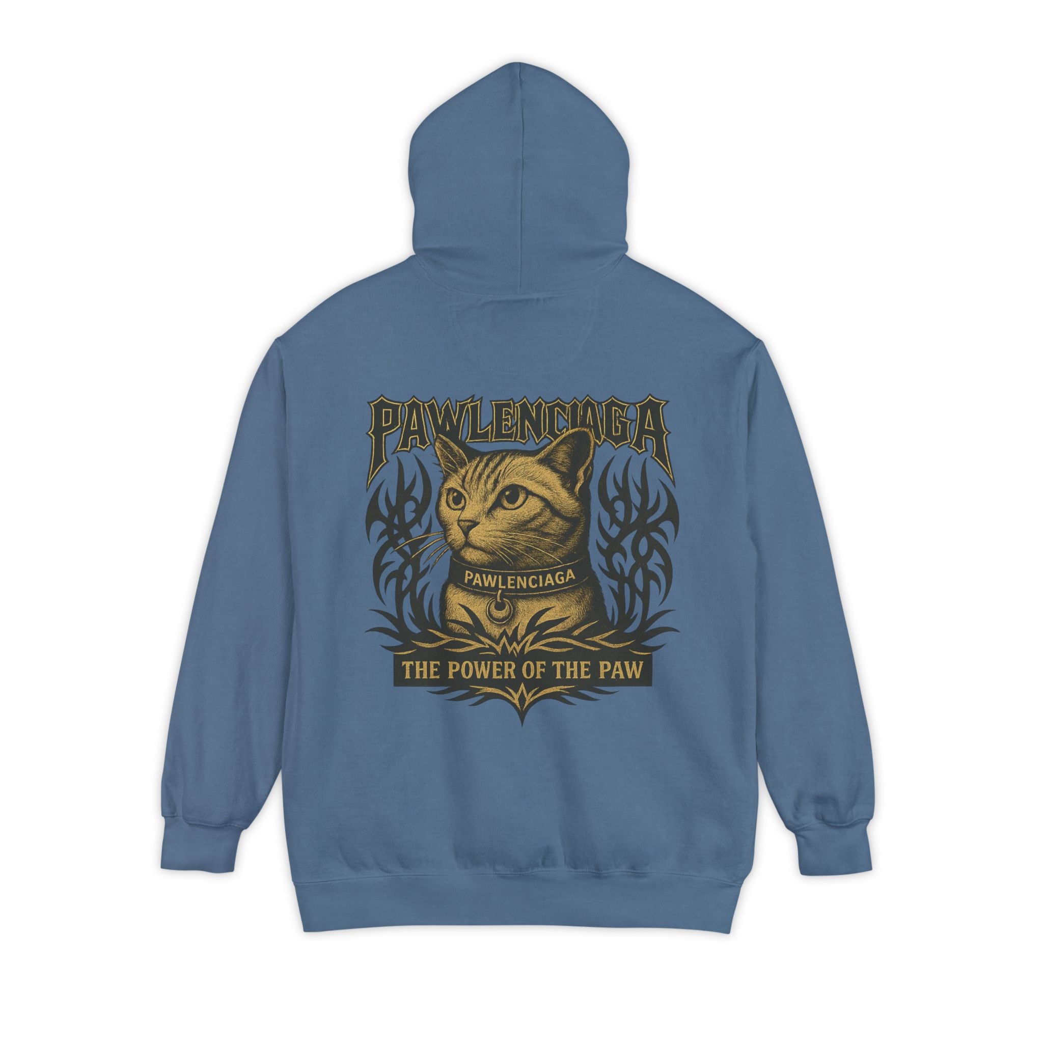 Back view of Pawlenciaga The Power of Paw Blue Jean Cat Hoodie, cat lover hoodie