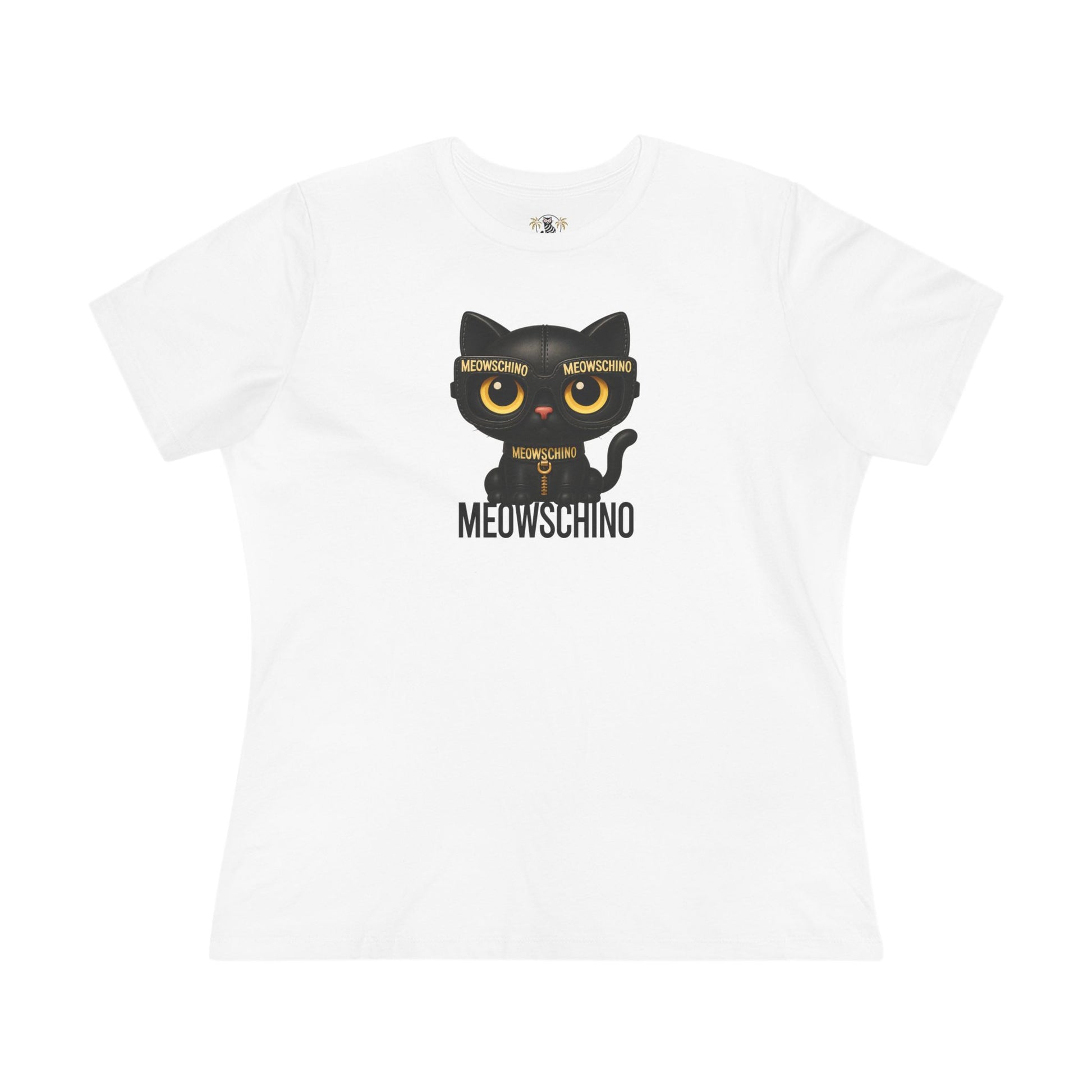 Meowschino Cat Graphic Women's T Shirt, white t shirt front view cool gifts cat lovers