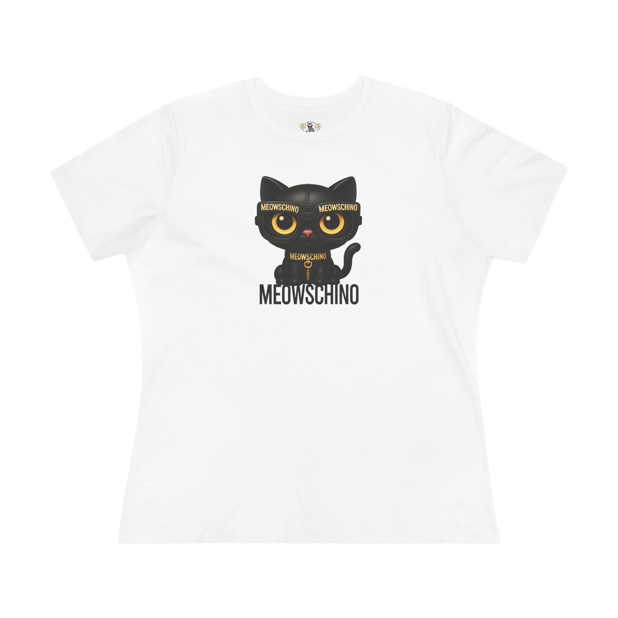 Meowschino Cat Graphic Women's T Shirt, white t shirt front view cool gifts cat lovers