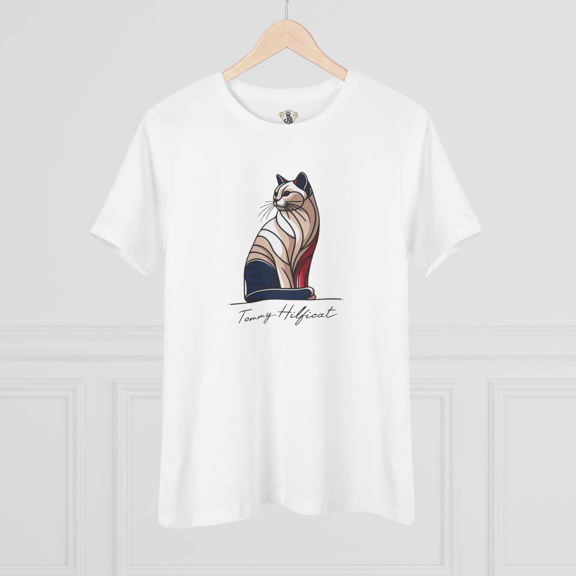 Tommy Hilficat Sitting Icon T Shirt on hanger in White, cat lover shirts