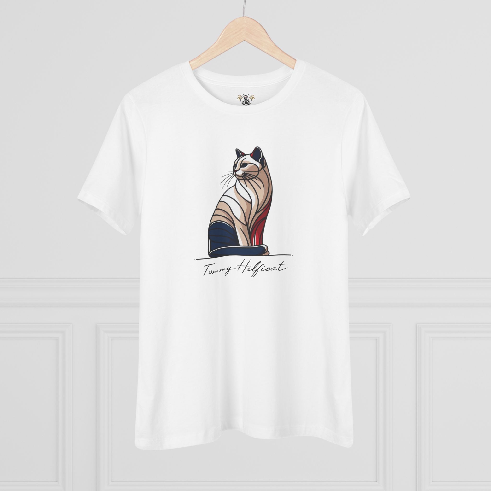 Tommy Hilficat Sitting Icon T Shirt on hanger in White, cat lover shirts
