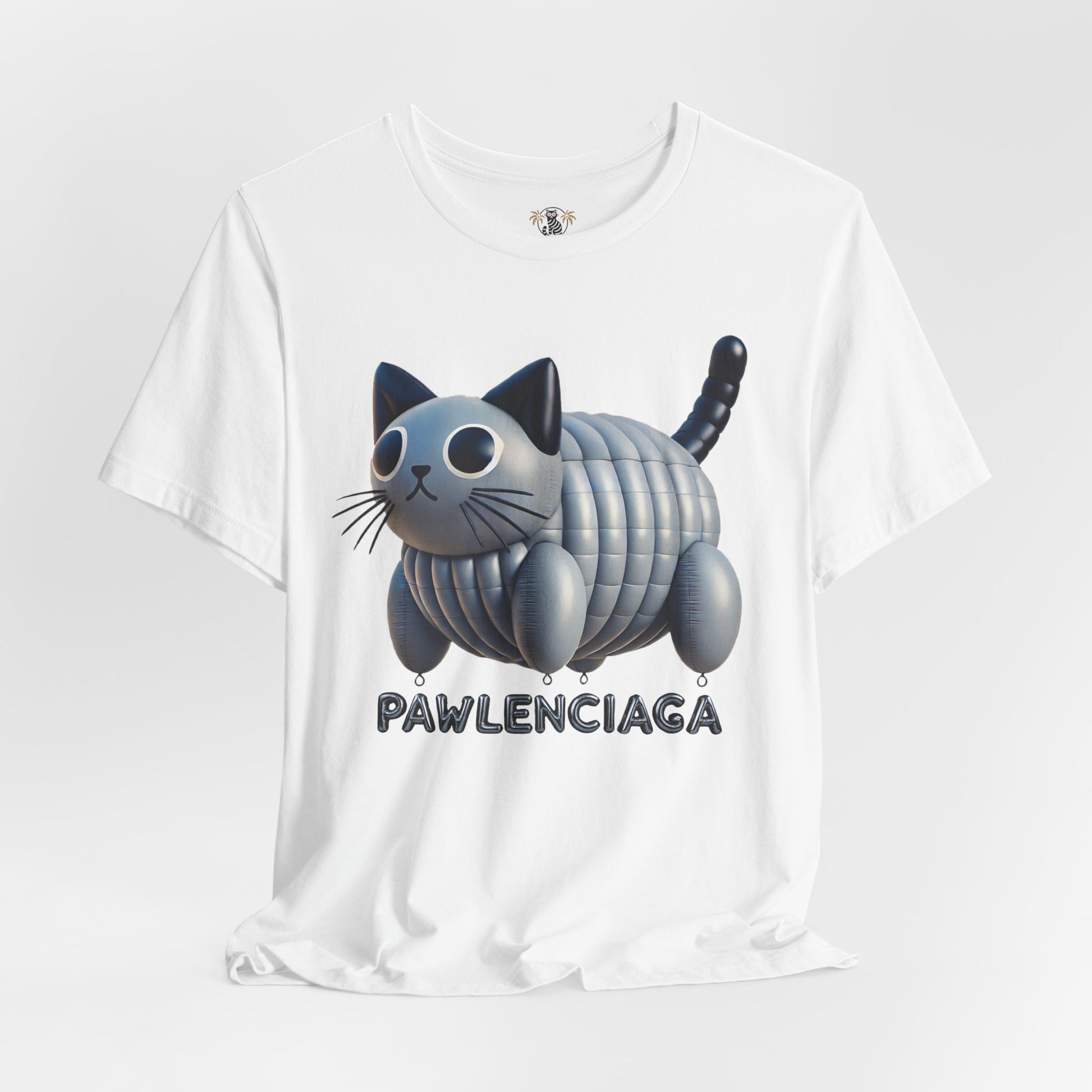 White Pawlenciaga Cat Balloon Graphic T Shirt wrinkled fit funny adult shirts