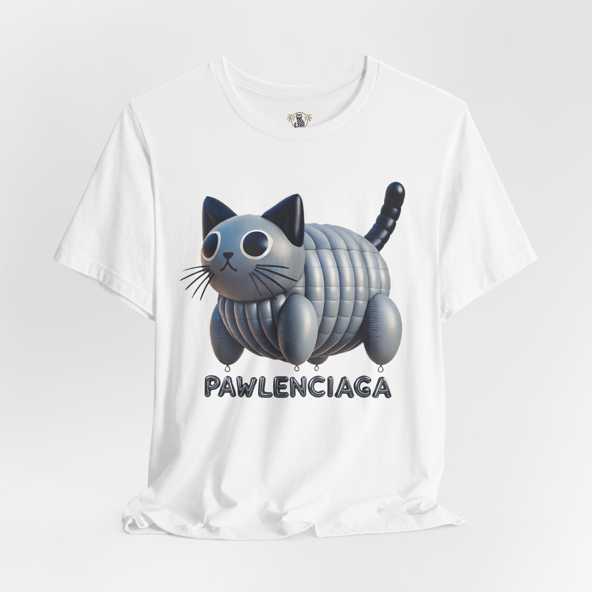 White Pawlenciaga Cat Balloon Graphic T Shirt wrinkled fit funny adult shirts