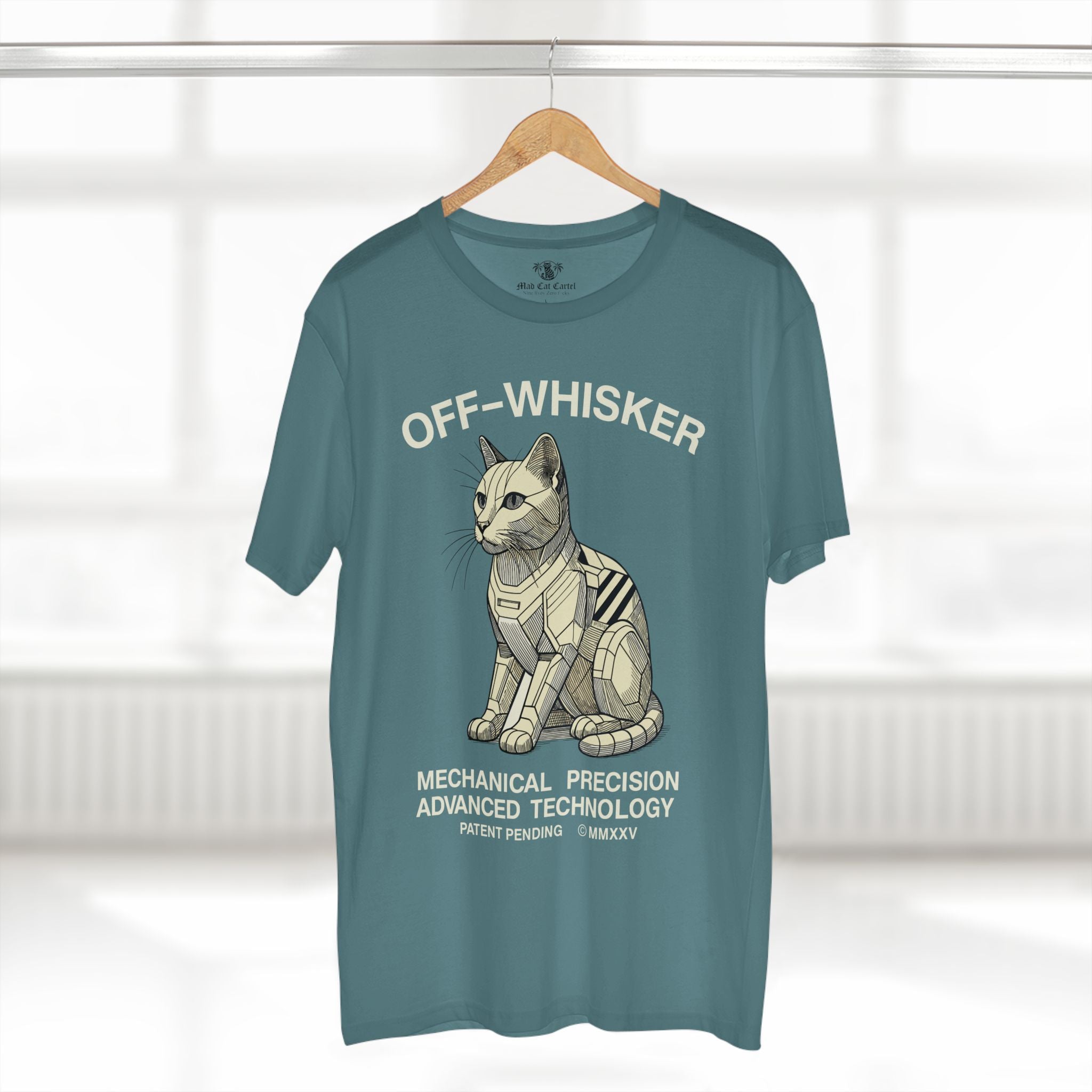 Slate blue Off-Whisker Gen-01 Mech Cat t-shirt on hanger – mech cat graphic tee for cat lovers