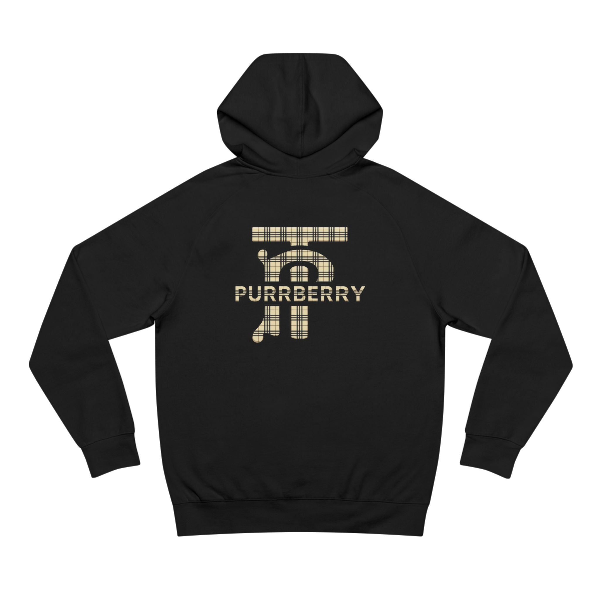 Back view of Black Purrberry Hoodie featuring signature plaid logo perfect gift for cat dads