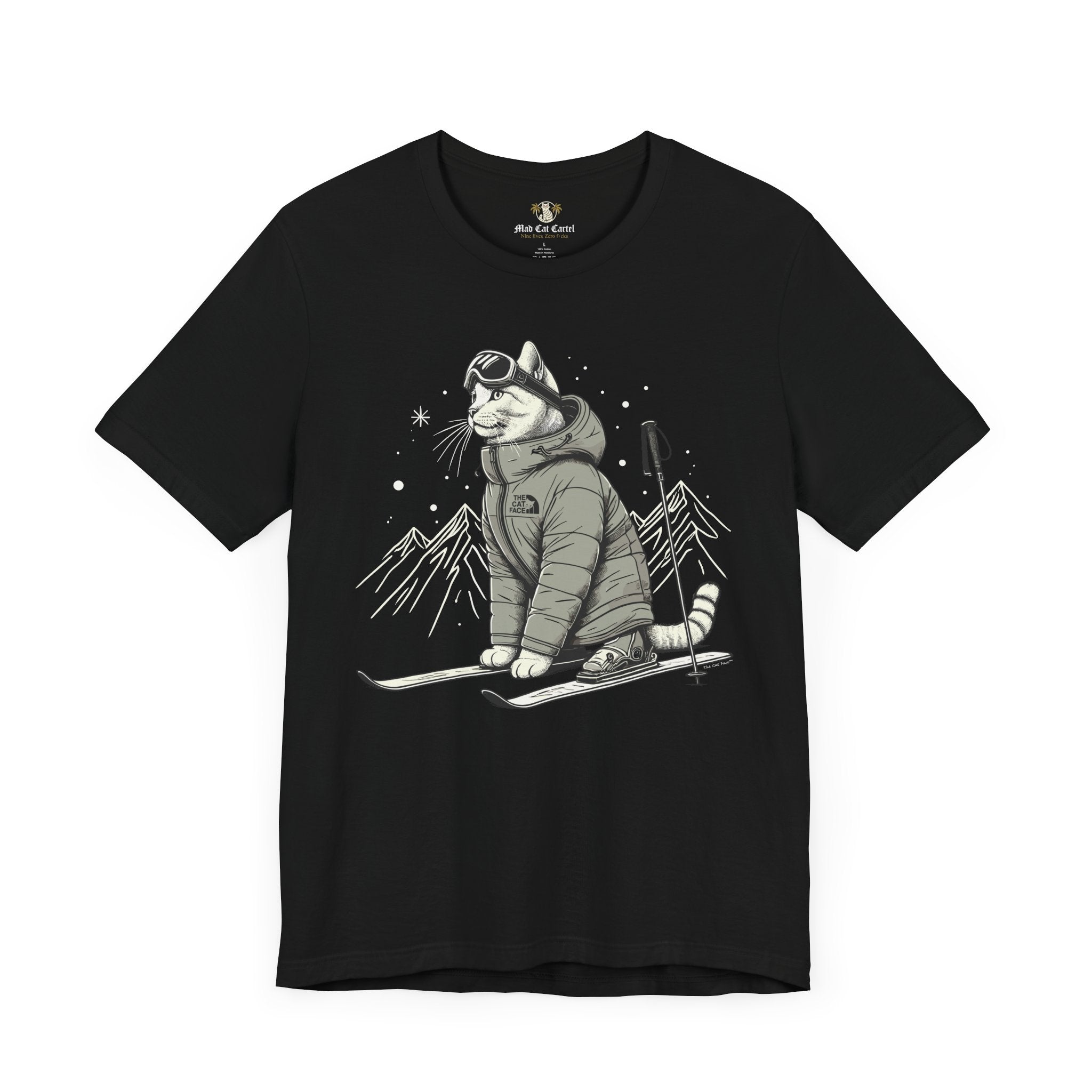 The Cat Face Alpine Explorer Graphic T-Shirt in black flat lay, cat lover shirt