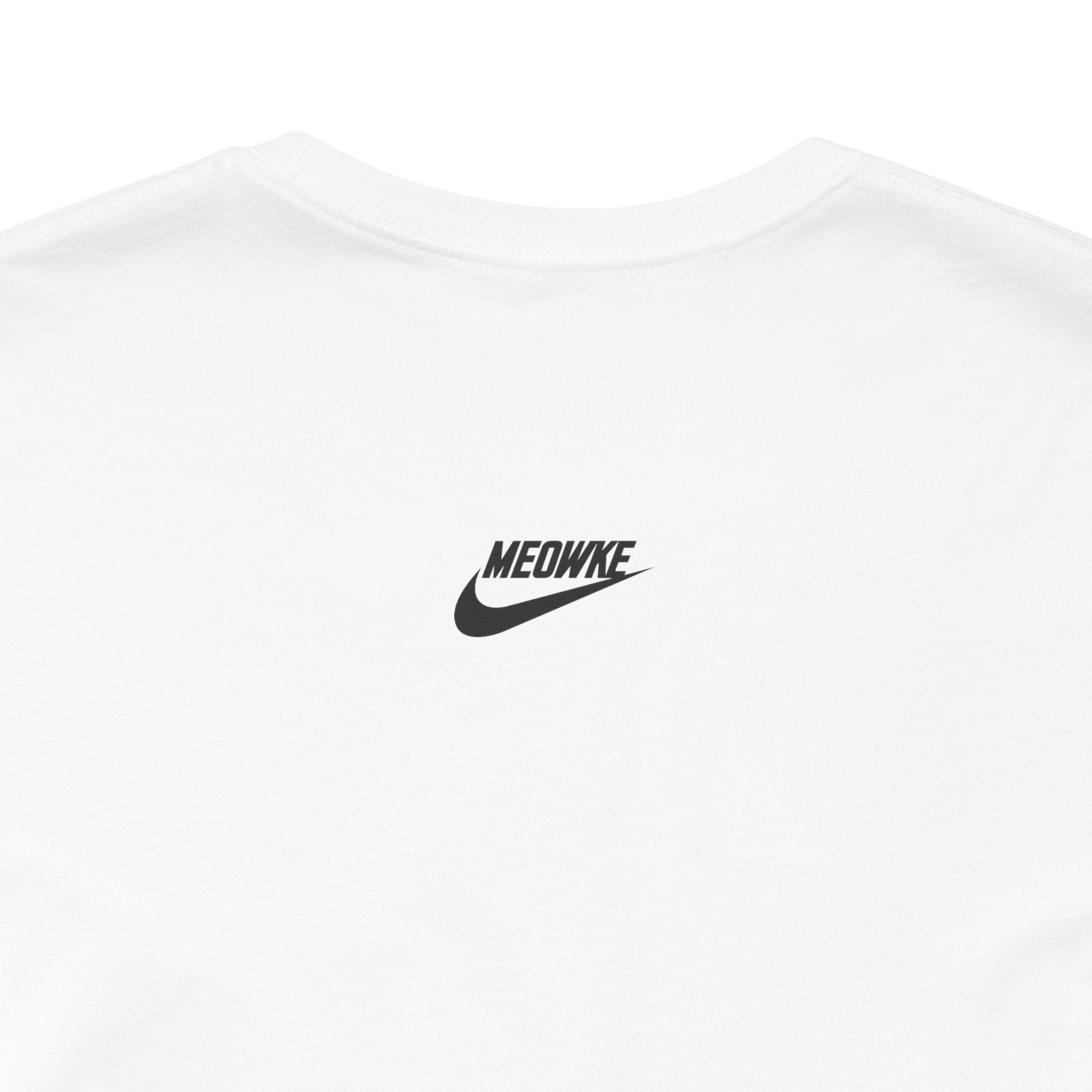Funny cat shirt for men and women – white unisex tee, back print Meowke Swoosh logo